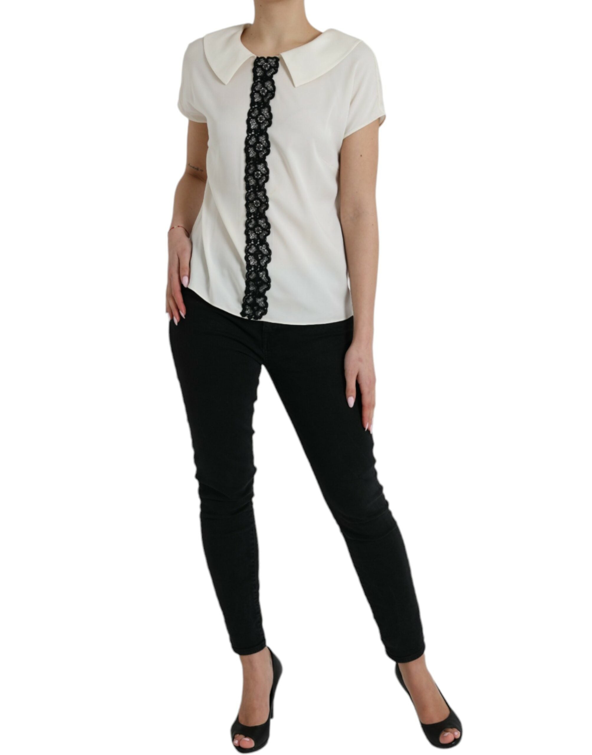 Off White Silk Lace Trim Short Sleeves Top - ventzia