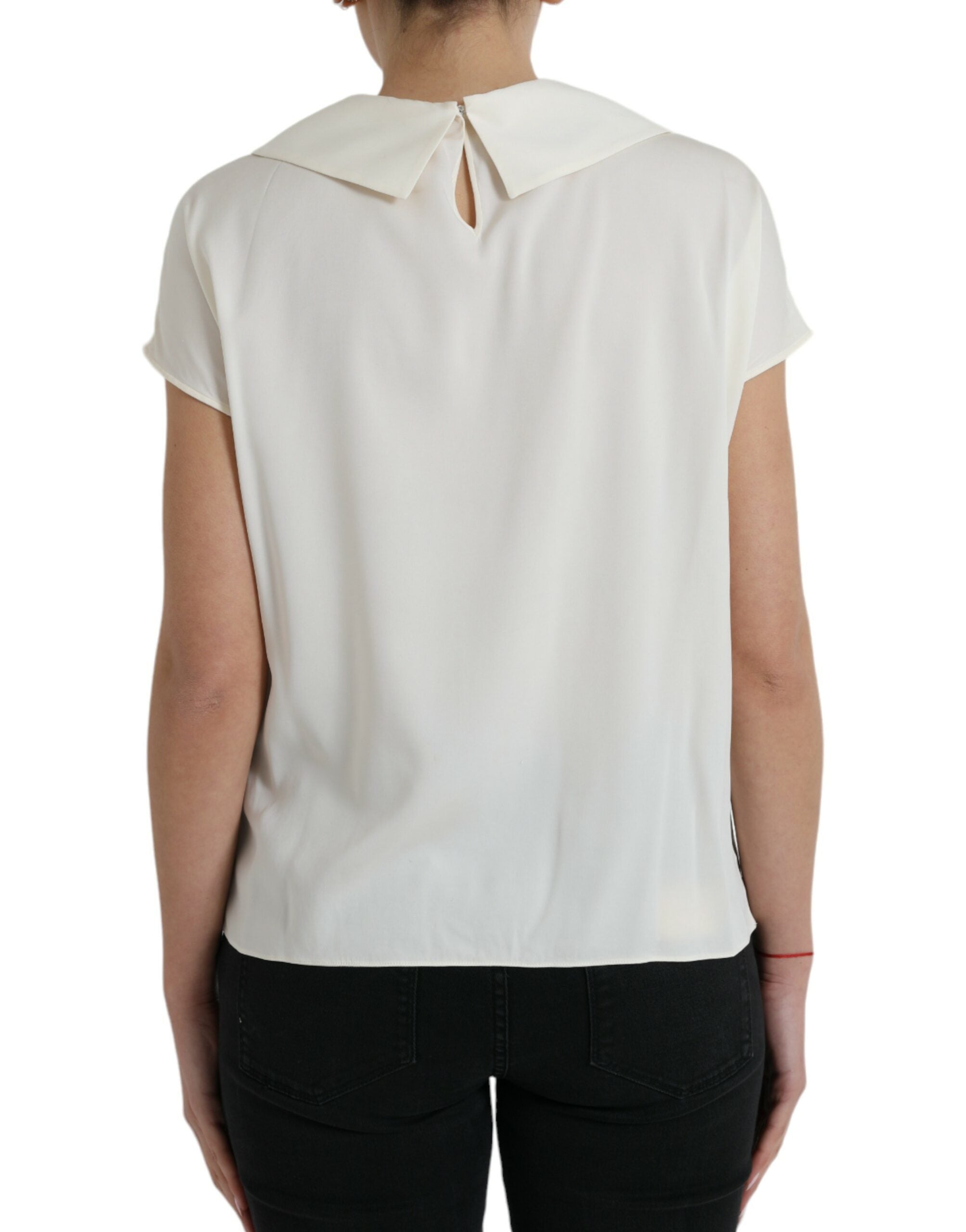 Off White Silk Lace Trim Short Sleeves Top - ventzia