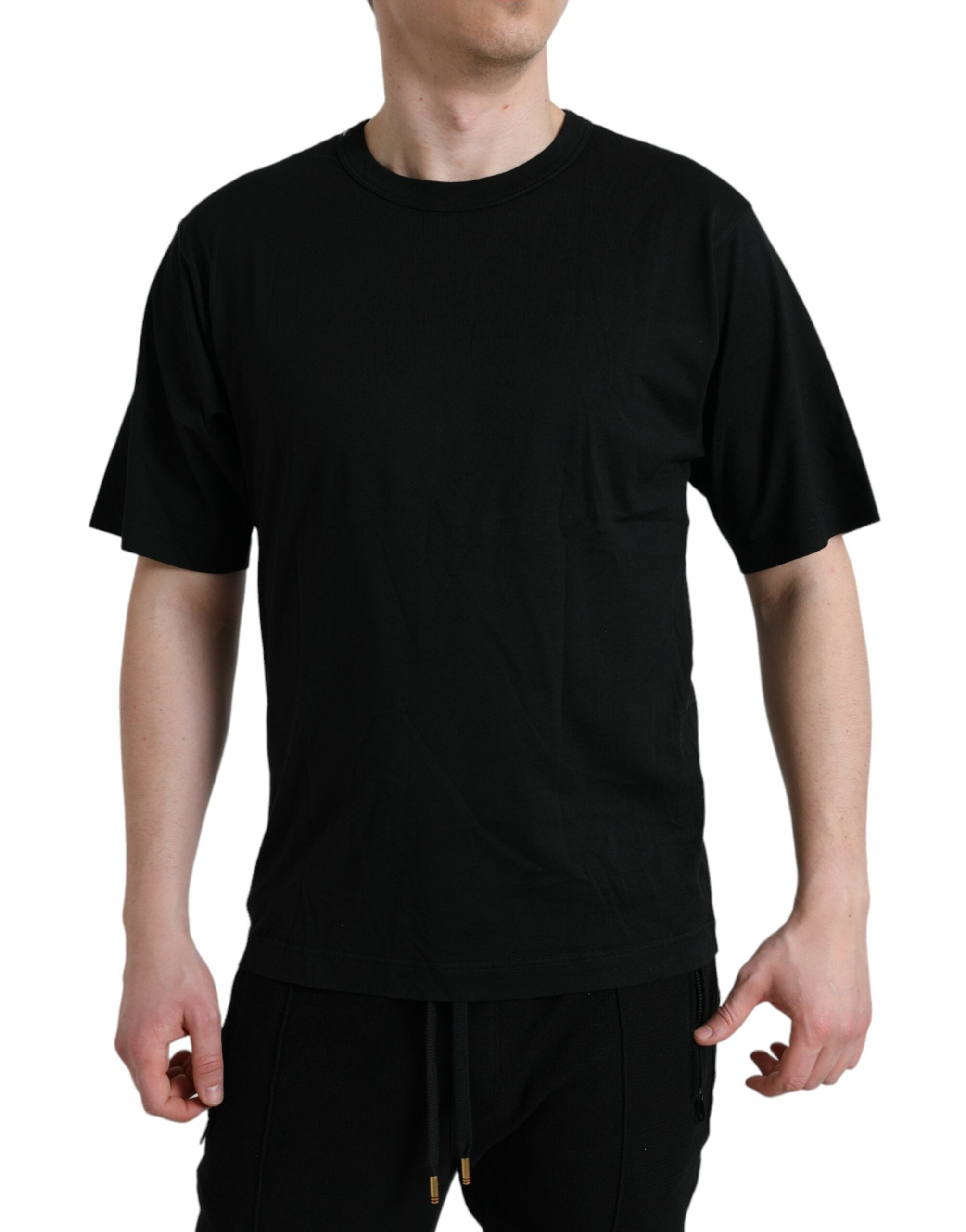 Black Logo Embossed Crew Neck Short Sleeves T-shirt - ventzia