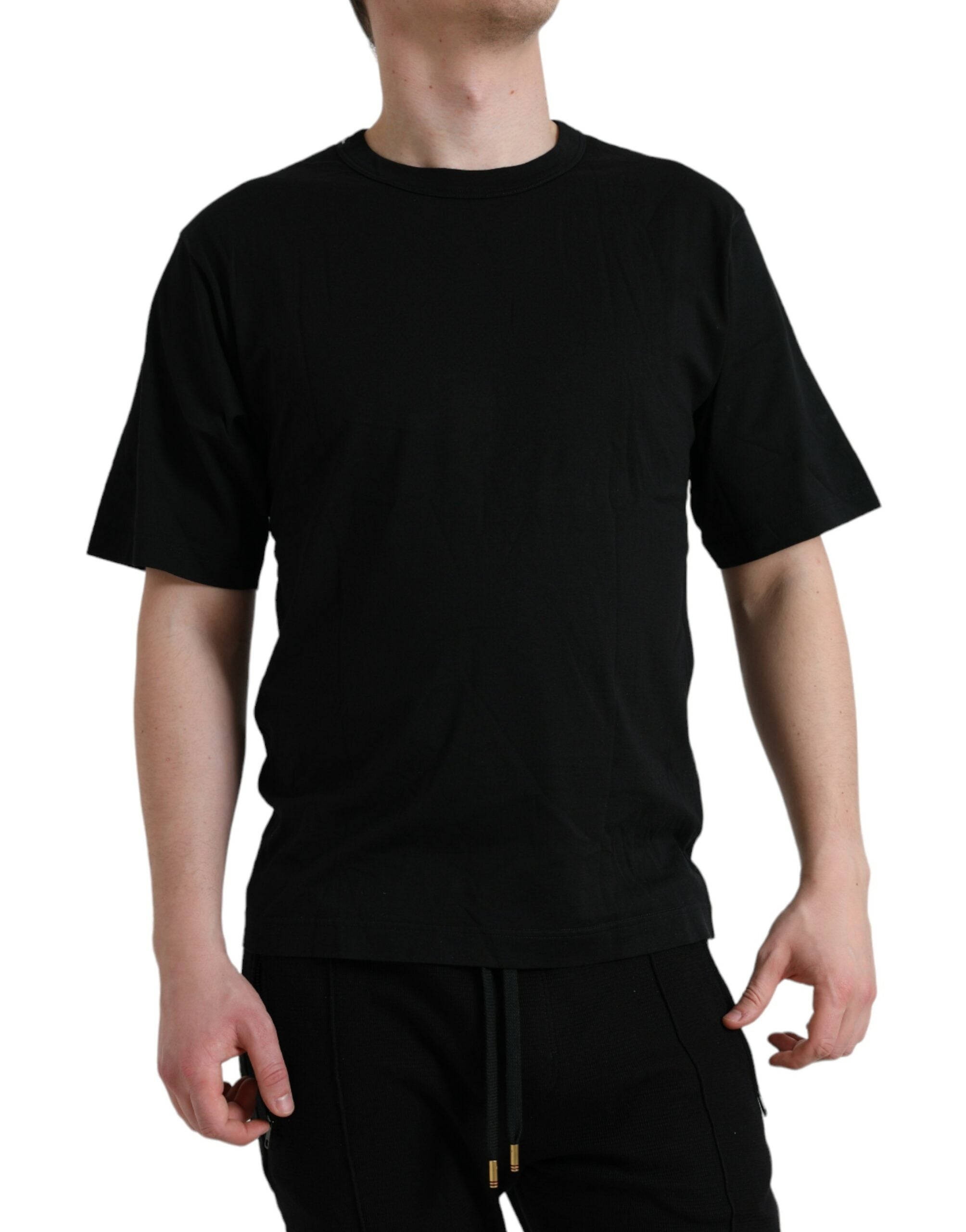 Black Logo Embossed Crew Neck Short Sleeves T-shirt - ventzia