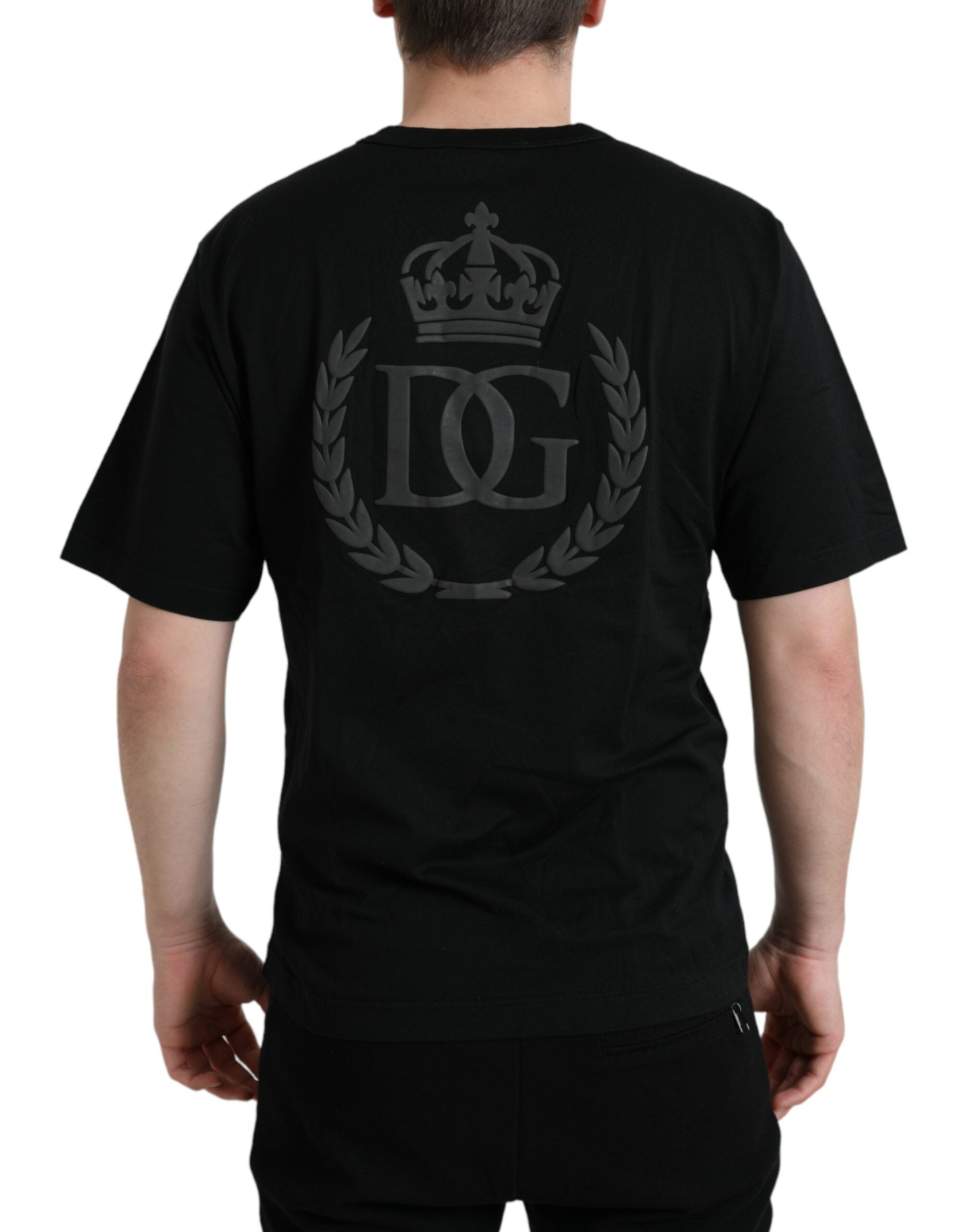 Black Logo Embossed Crew Neck Short Sleeves T-shirt - ventzia