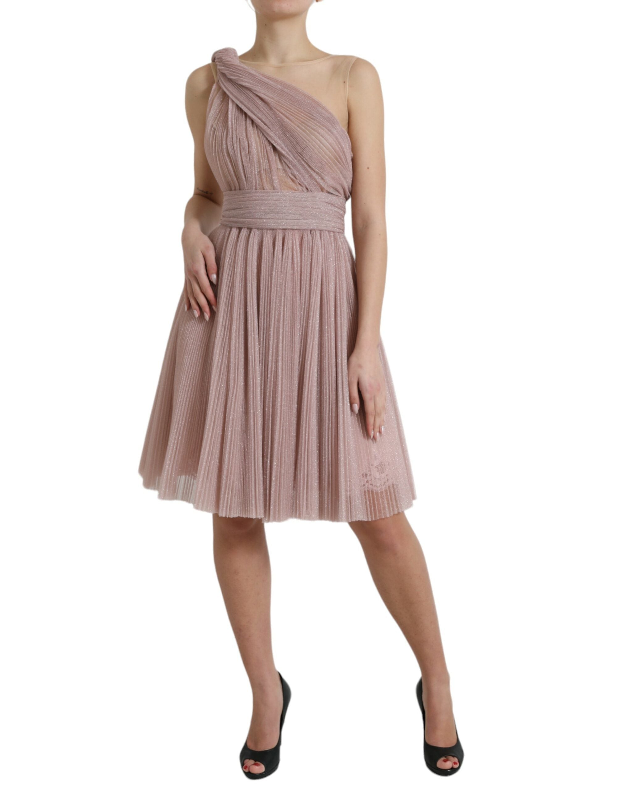 Light Lilac Pleated Lame Tulle One Shoulder Dress - ventzia