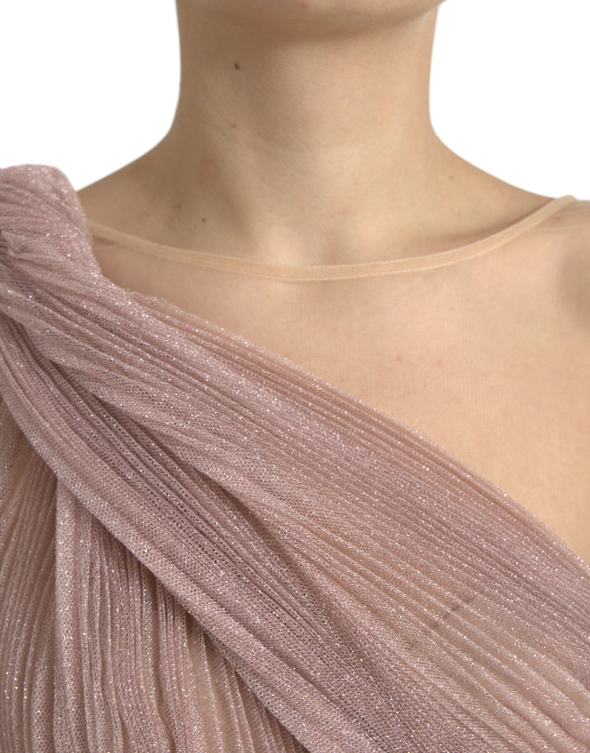 Light Lilac Pleated Lame Tulle One Shoulder Dress - ventzia