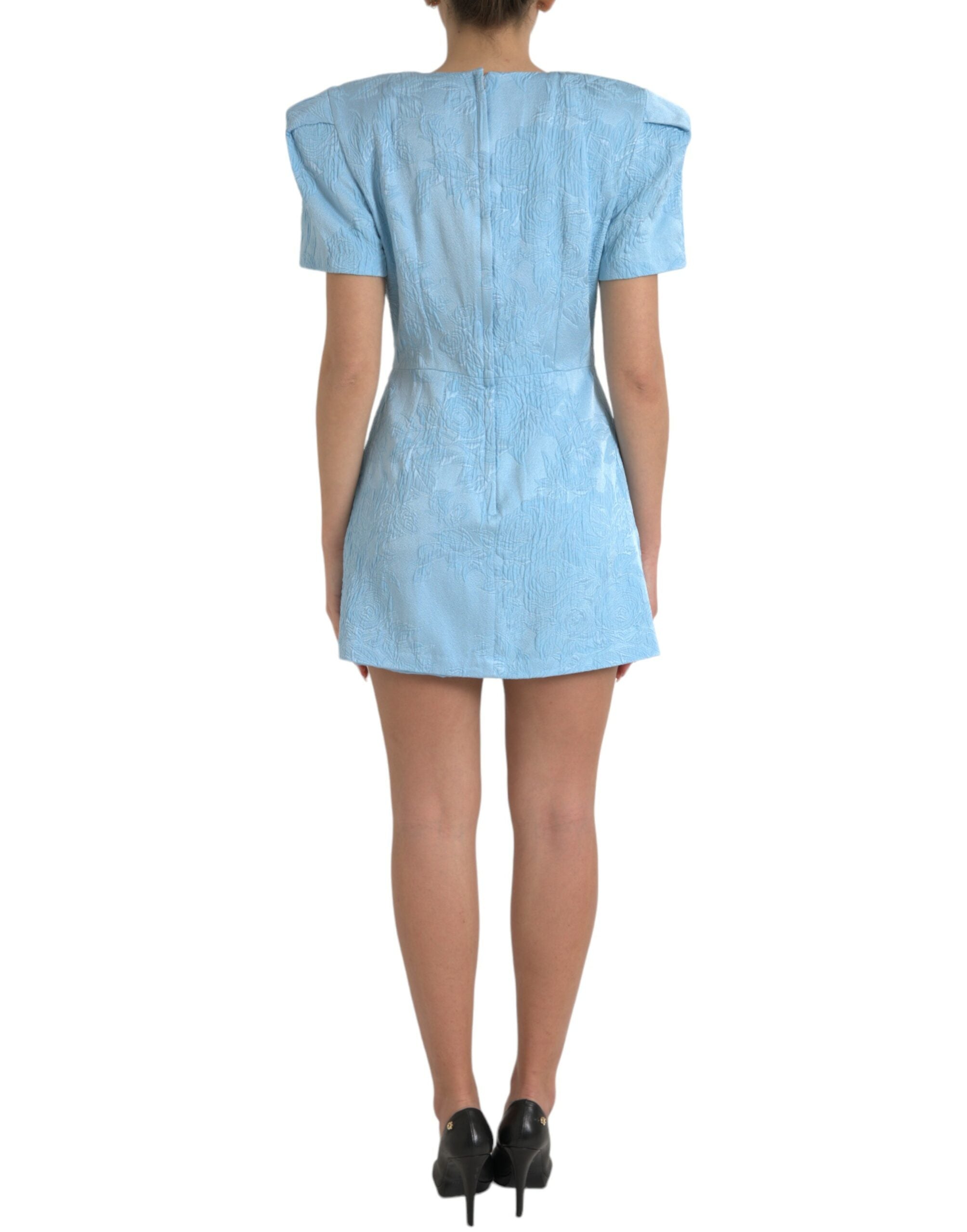 Light Blue Floral Jacquard Puff Sleeve Mini Dress - ventzia