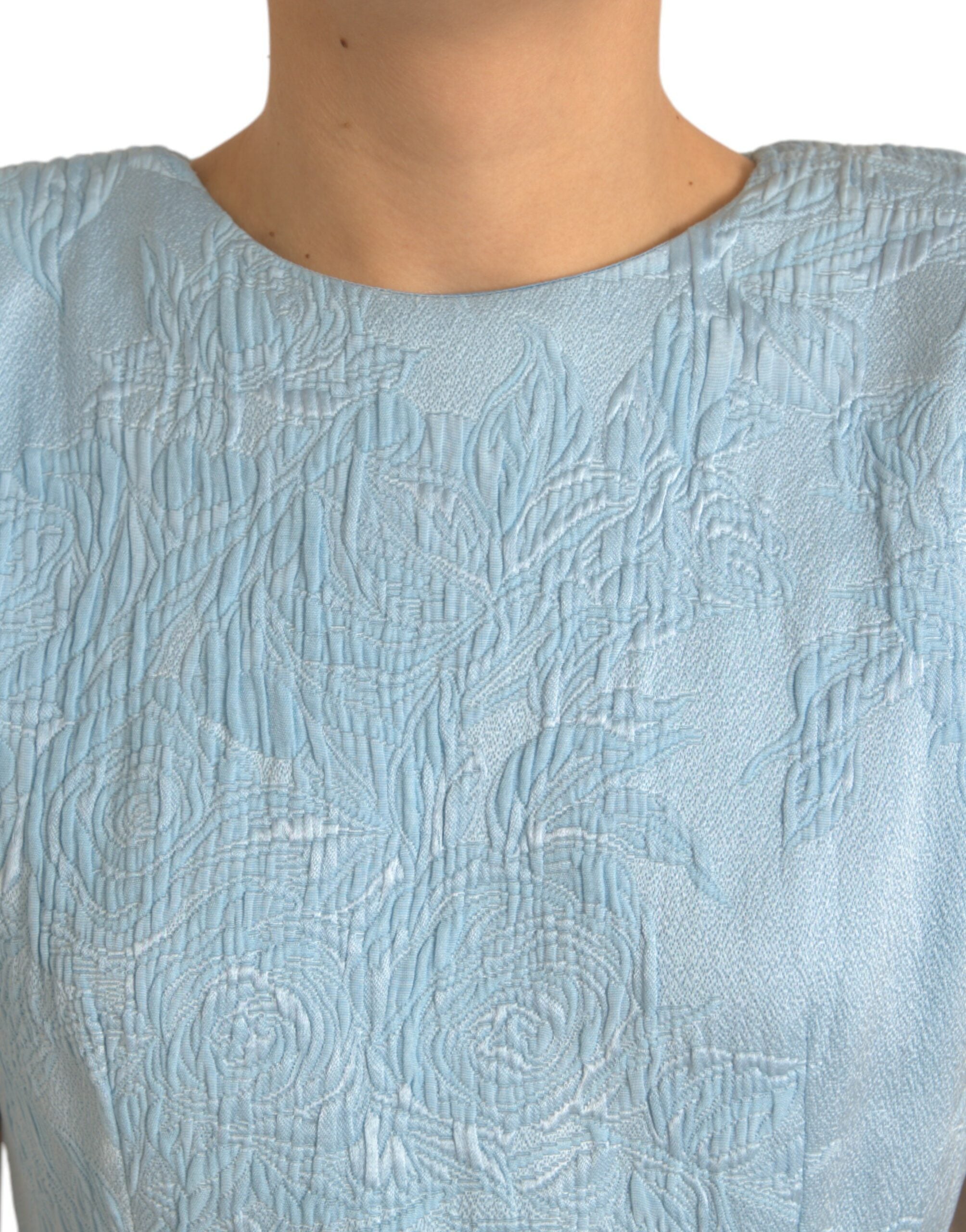 Light Blue Floral Jacquard Puff Sleeve Mini Dress - ventzia