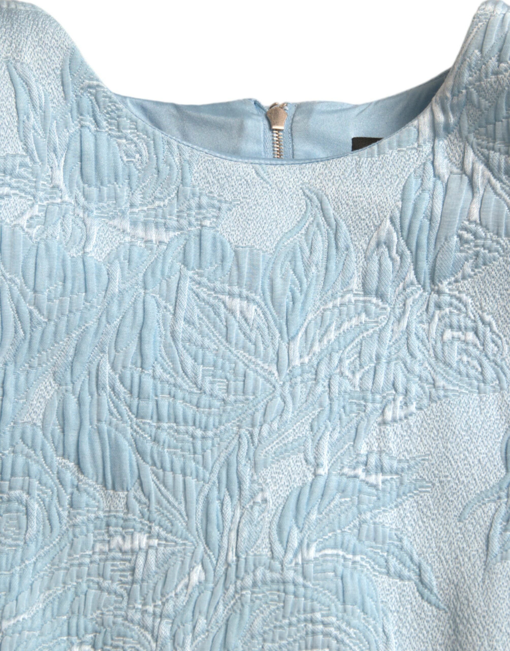 Light Blue Floral Jacquard Puff Sleeve Mini Dress - ventzia