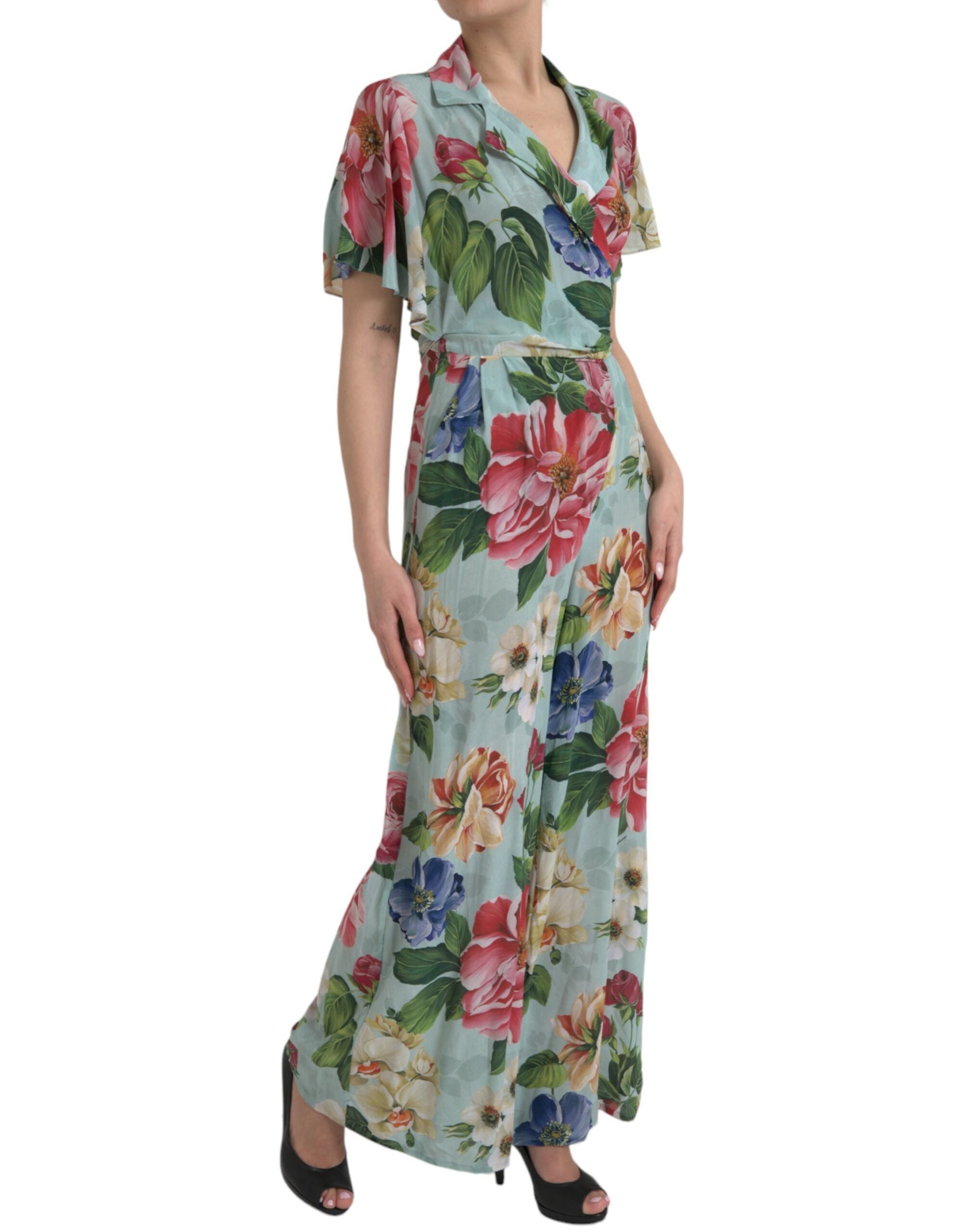 Blue Floral Wide Leg Wrap Jumpsuit Dress - ventzia