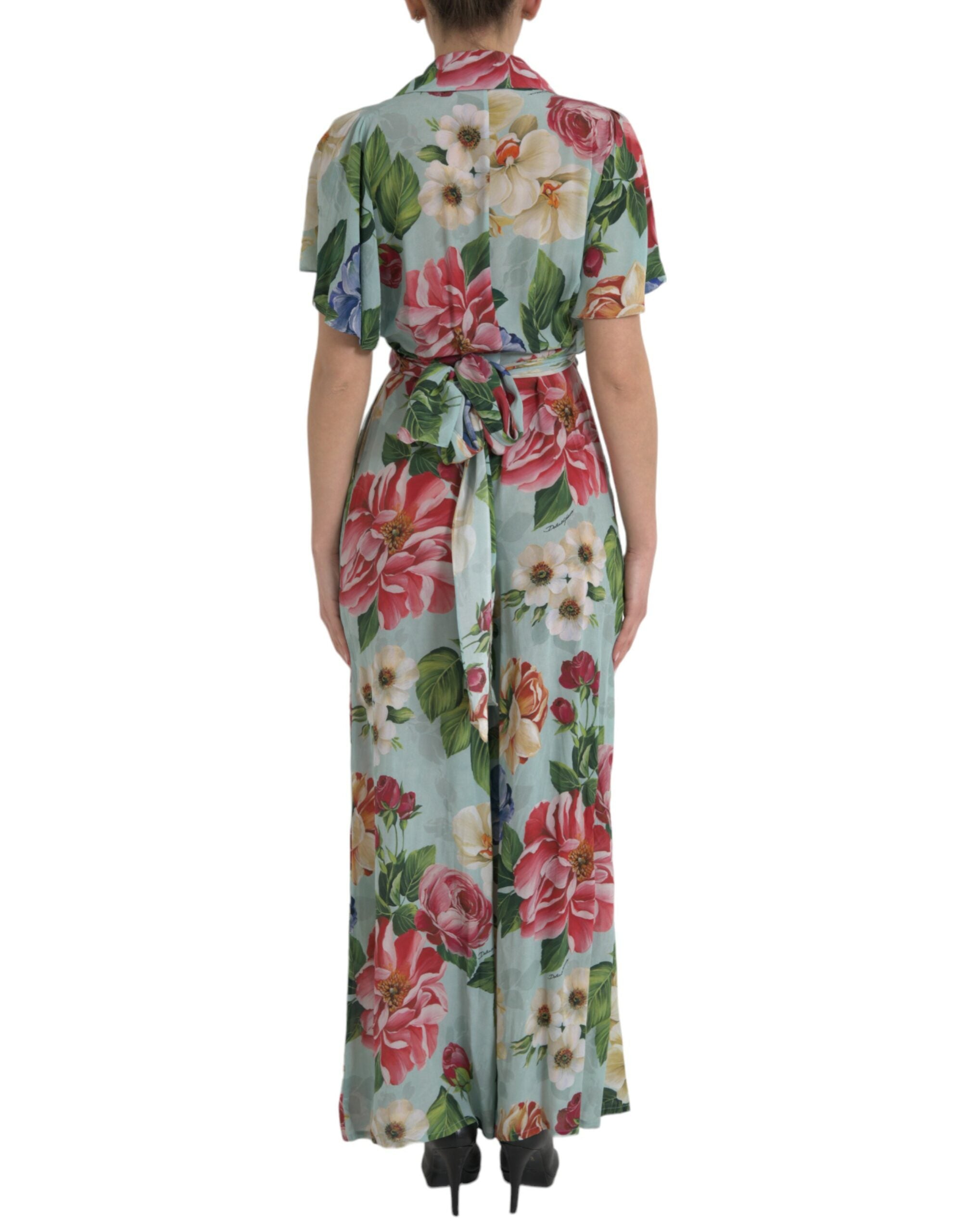 Blue Floral Wide Leg Wrap Jumpsuit Dress - ventzia