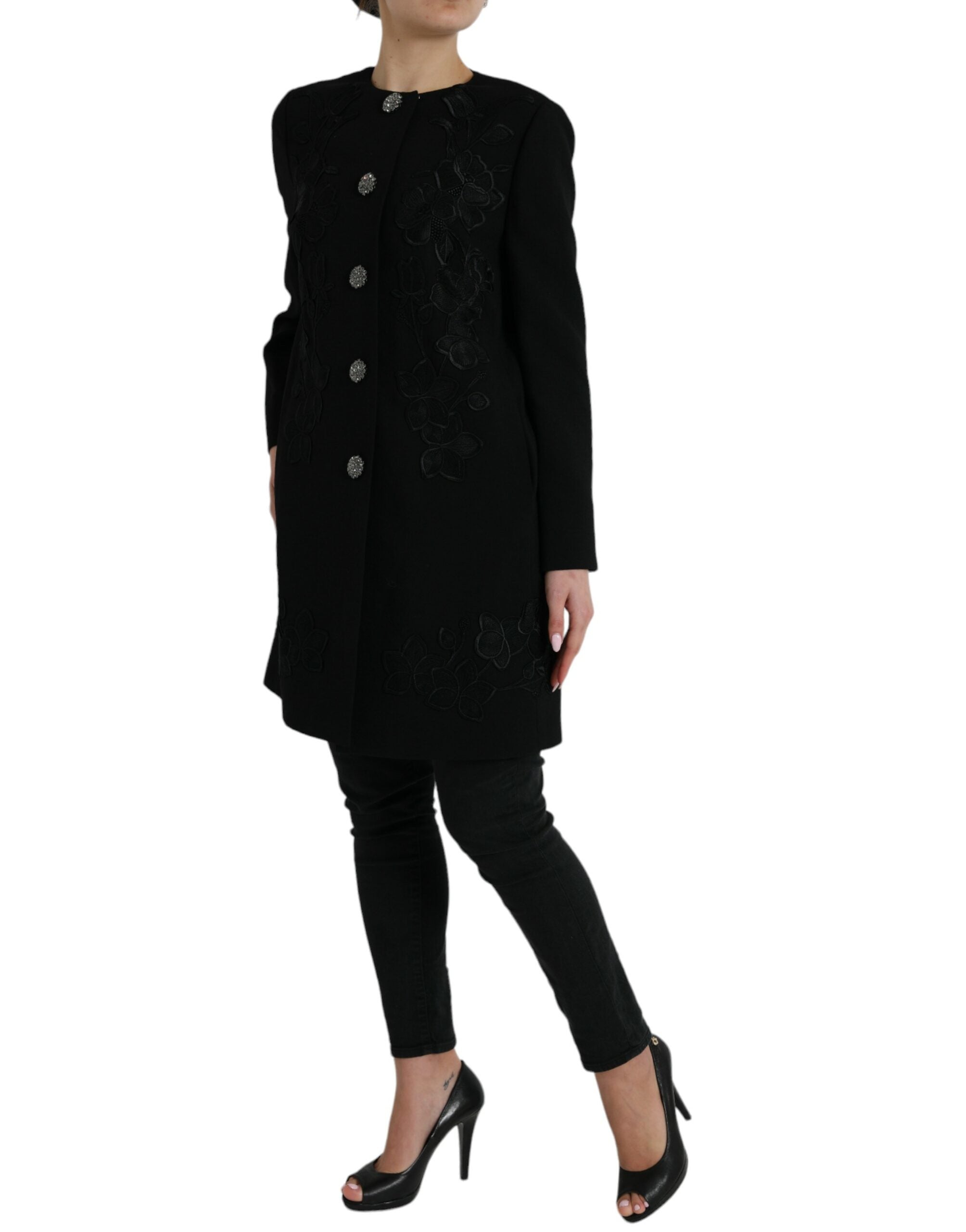 Black Floral Wool Button Embellished Jacket - ventzia