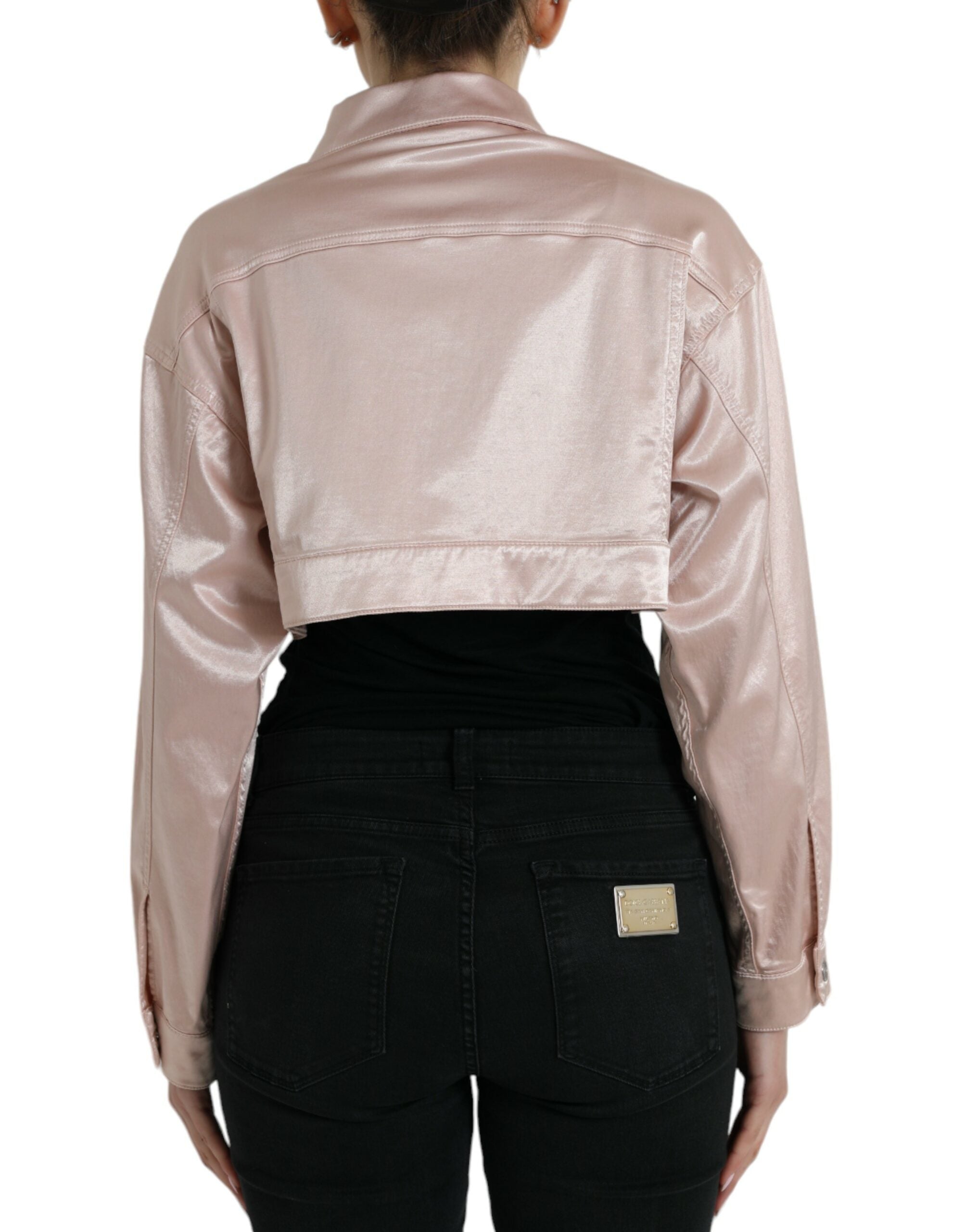 Pink Cotton Stretch Collared Cropped Jacket - ventzia