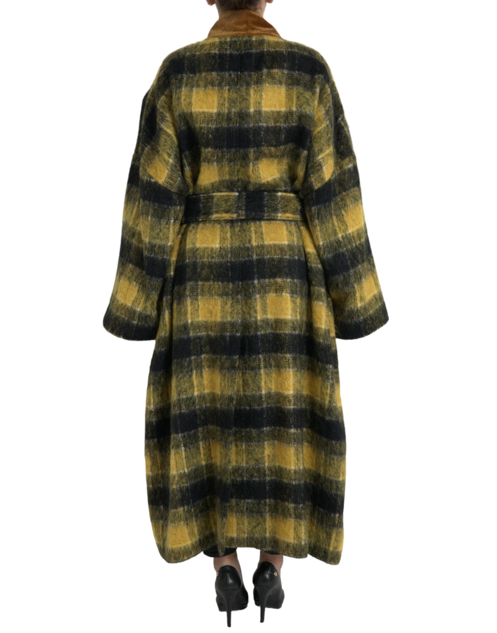 Yellow Checkered Long Sleeve Coat Jacket - ventzia