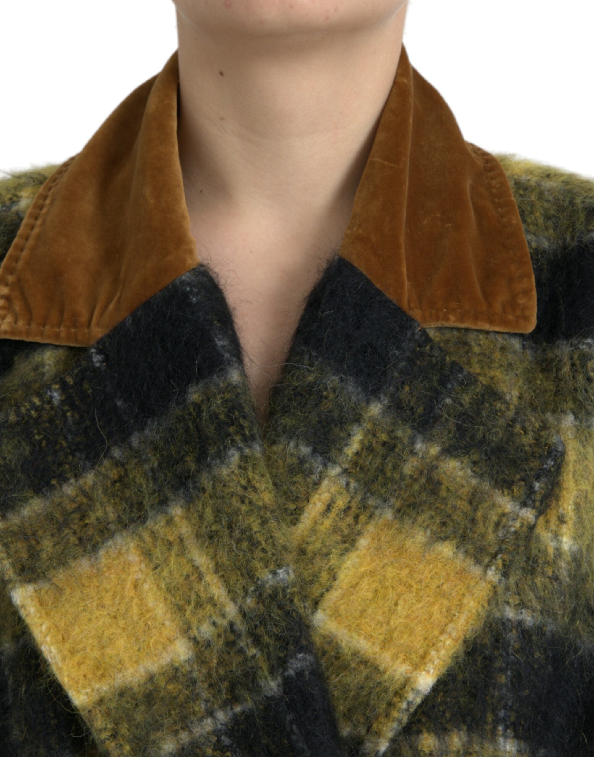 Yellow Checkered Long Sleeve Coat Jacket - ventzia