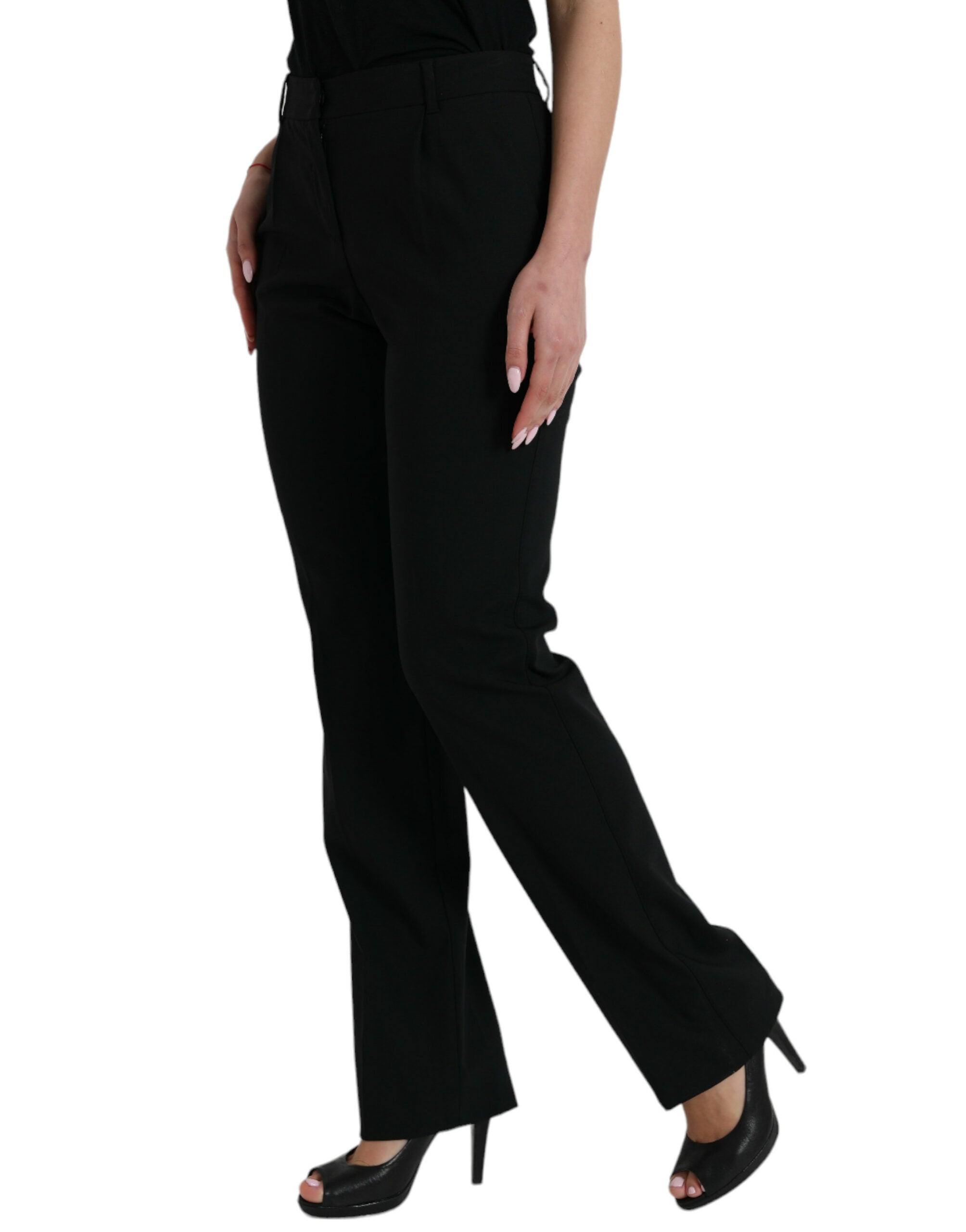 Black Wool Mid Waist Tapered Pants - ventzia