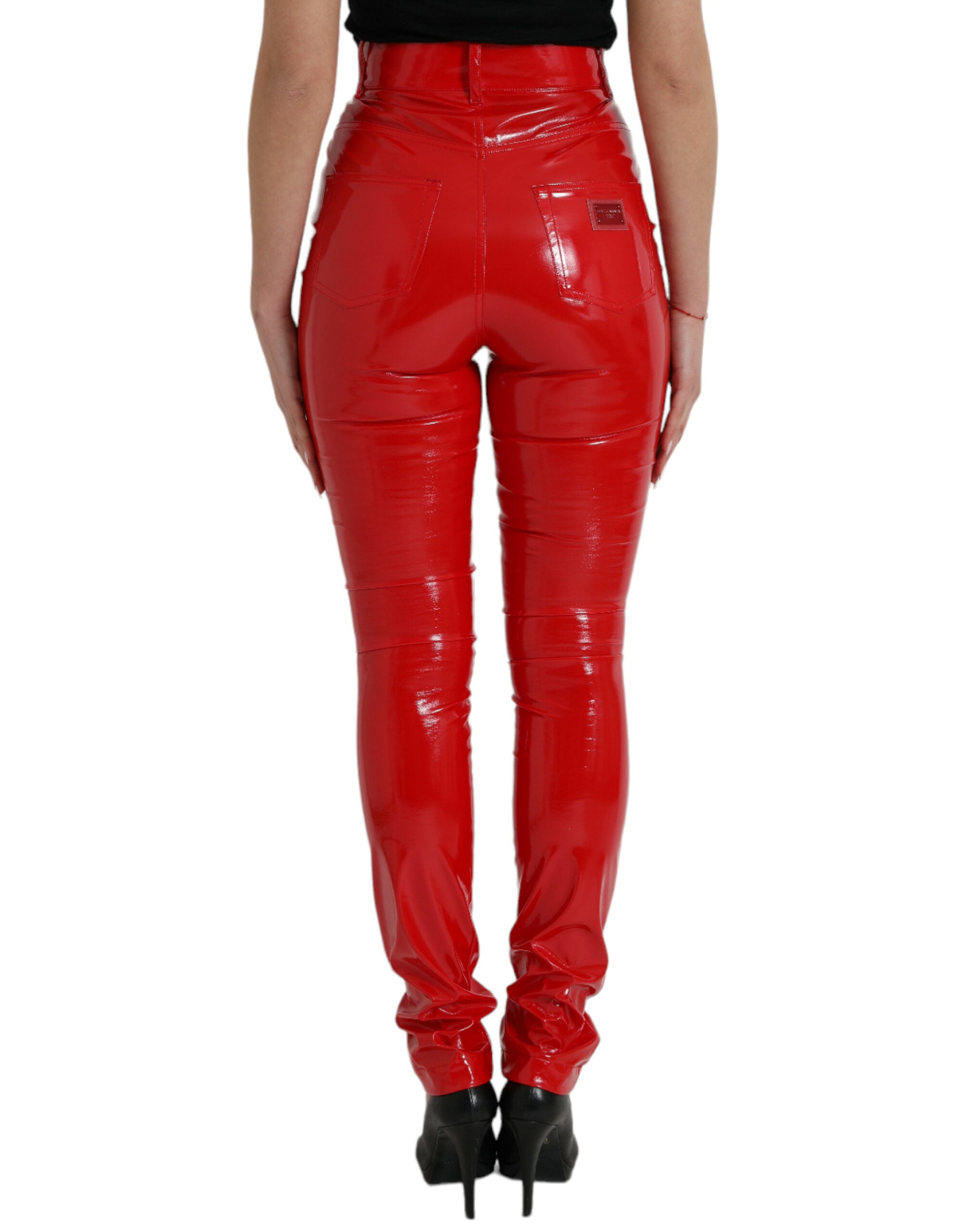 Shiny Red High Waist Skinny Pants - ventzia