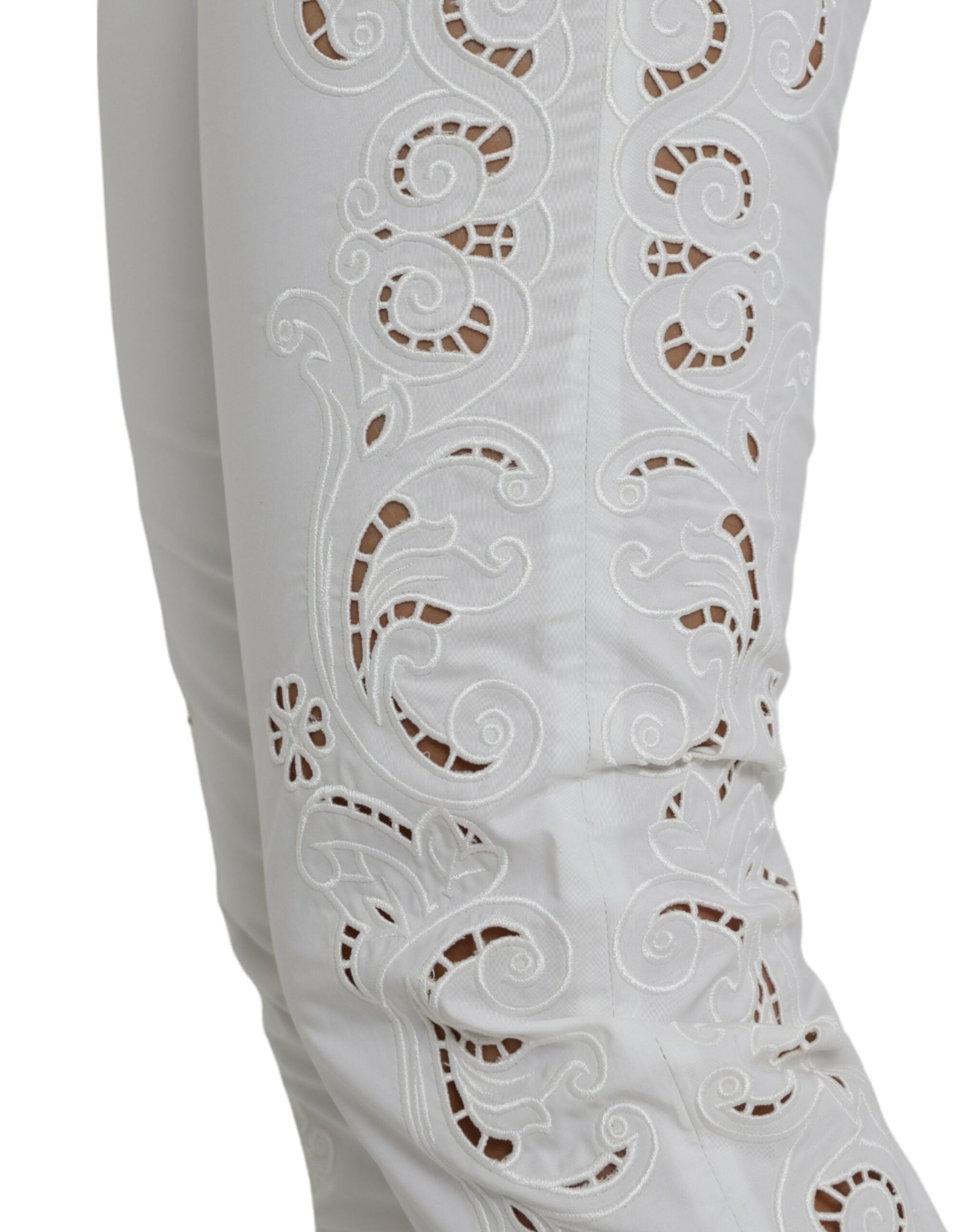 White Cut Out Cotton Mid Waist Cropped Pants - ventzia
