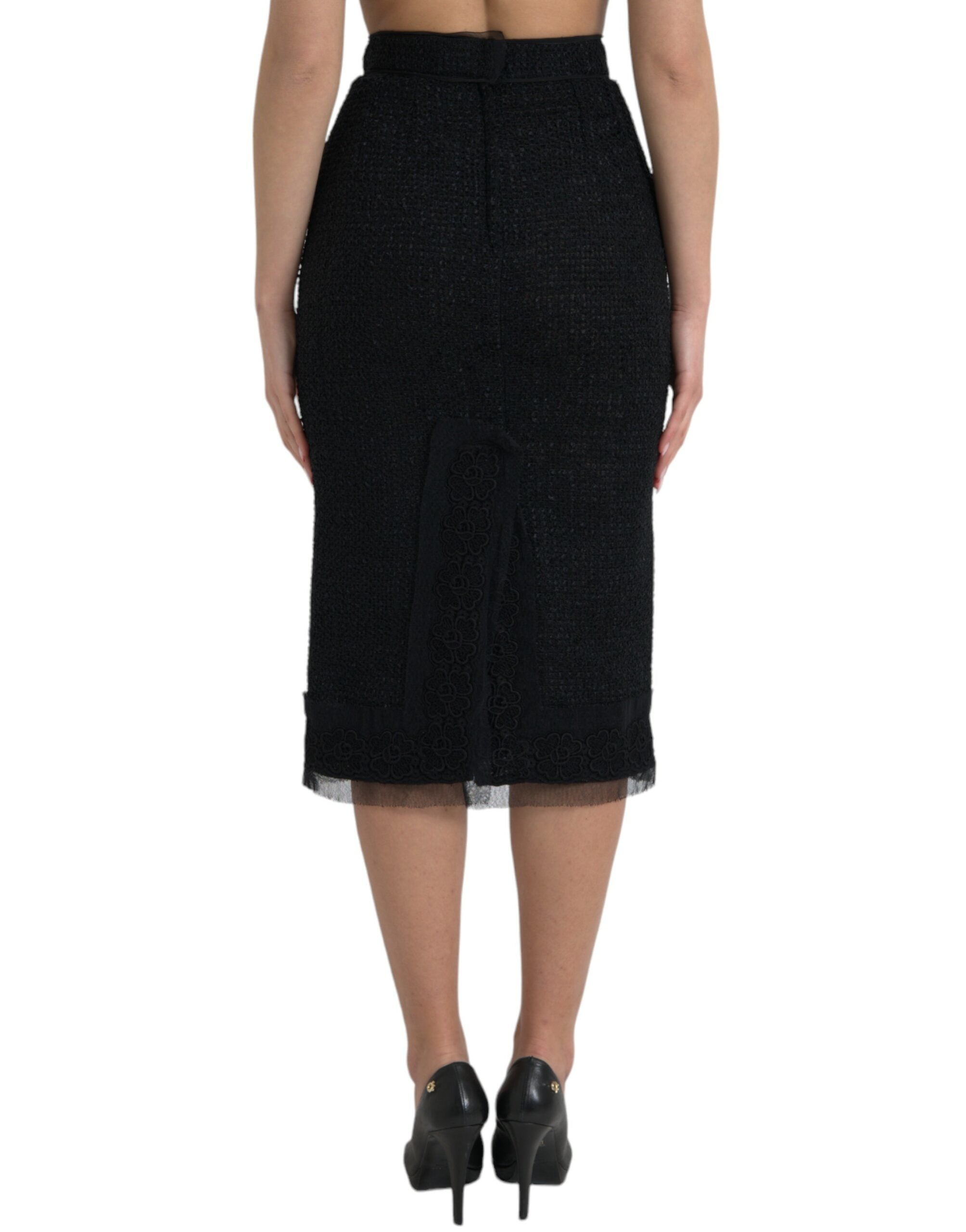 Black Wool High Waist Pencil Cut Midi Skirt - ventzia