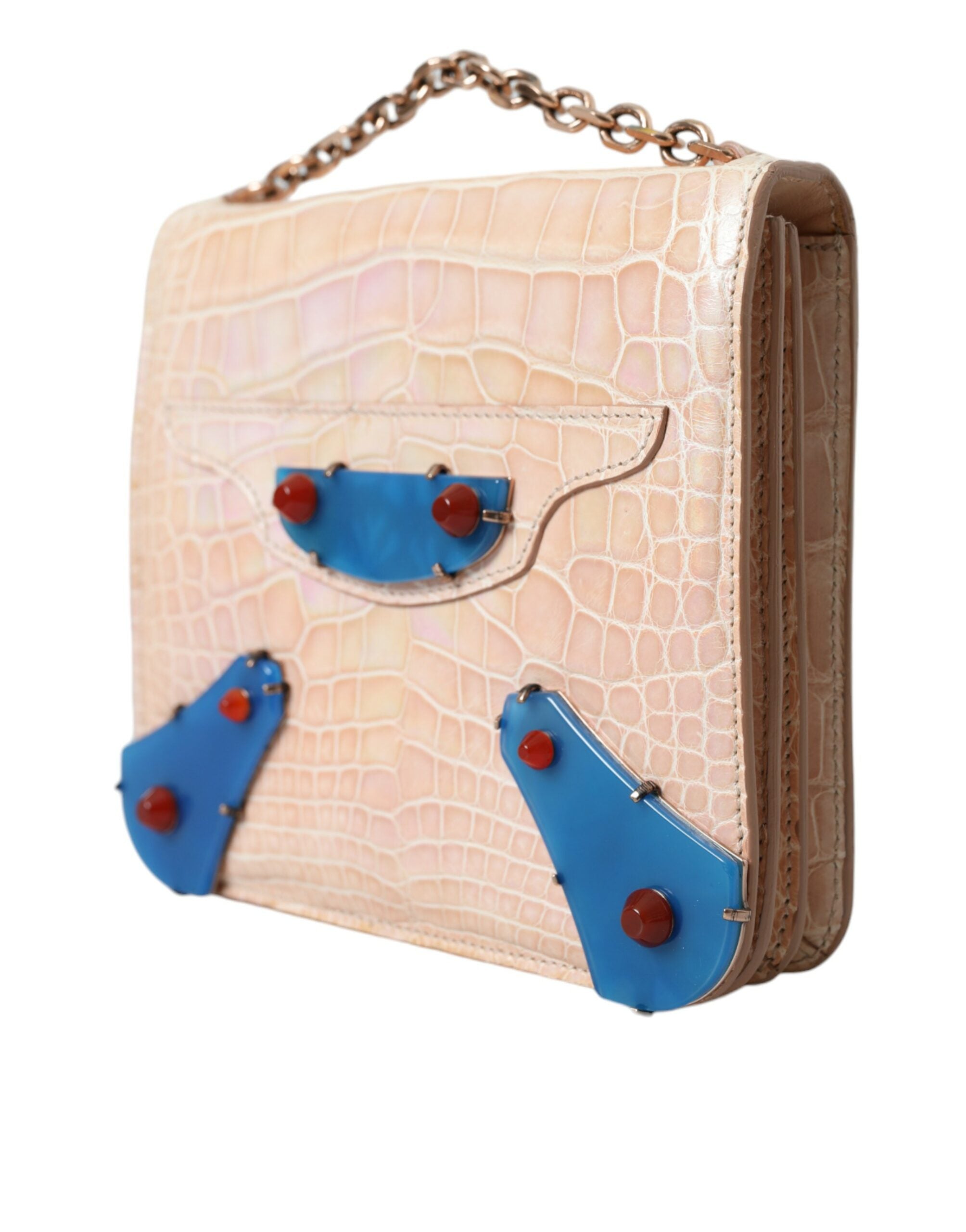 Beige Blue Agate Exotic Leather Gold Chain Purse Bag - ventzia