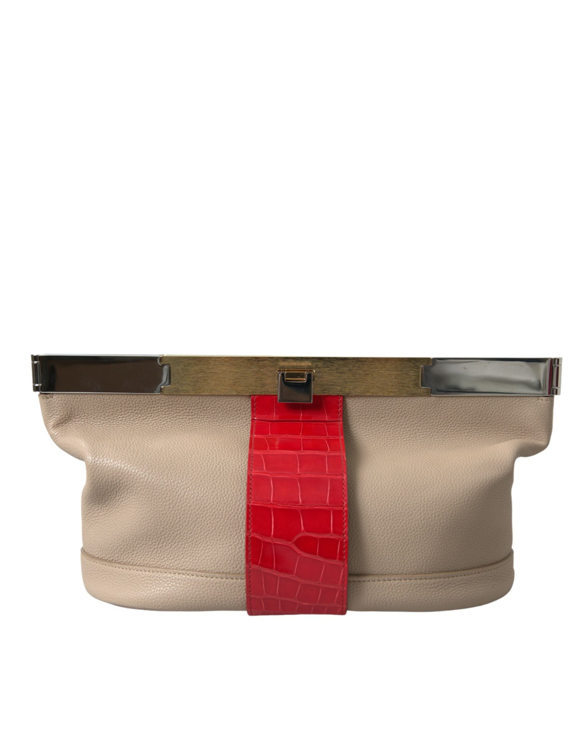 Beige Red Two Tone Exotic Leather Pouch Bag - ventzia