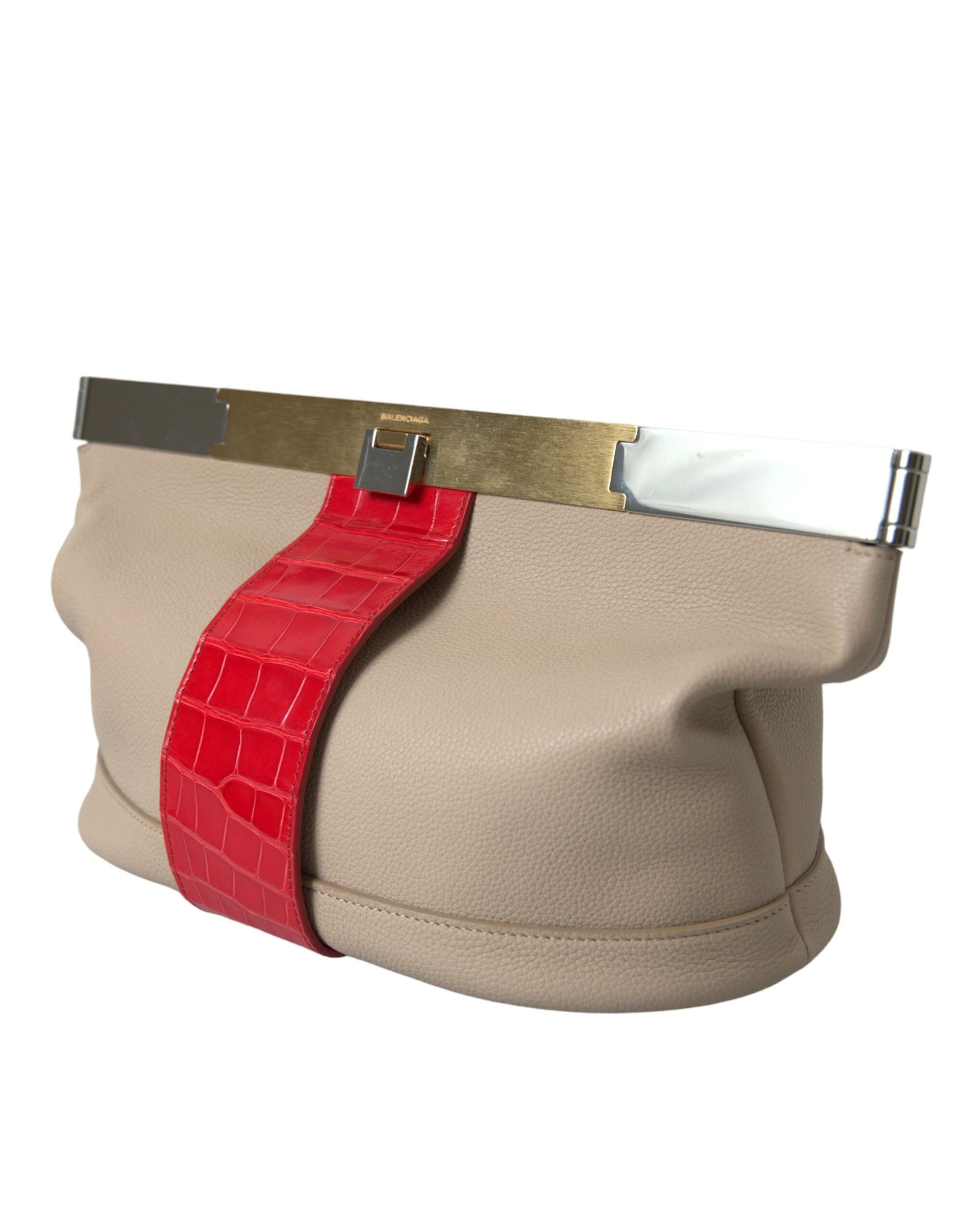 Beige Red Two Tone Exotic Leather Pouch Bag - ventzia