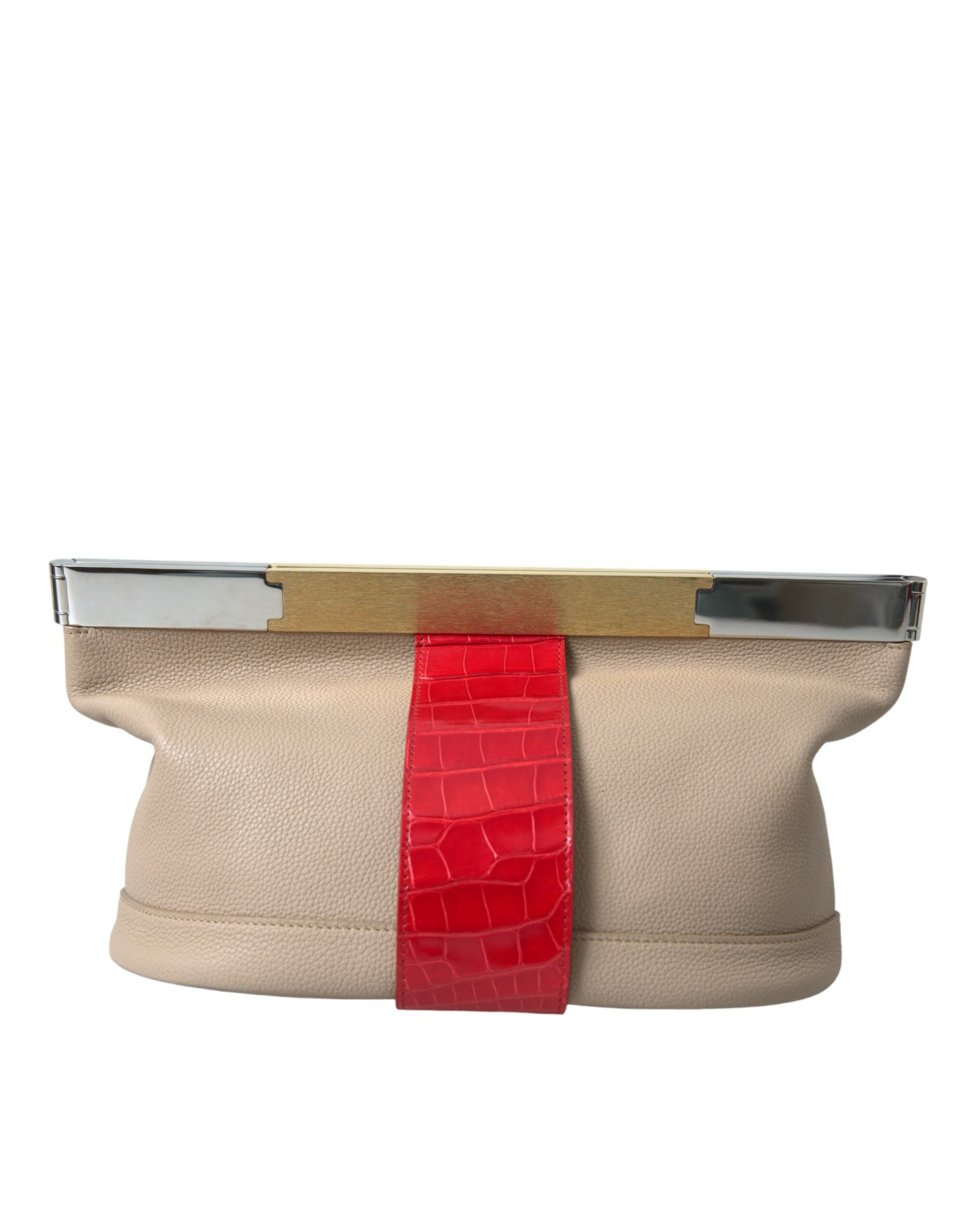 Beige Red Two Tone Exotic Leather Pouch Bag - ventzia