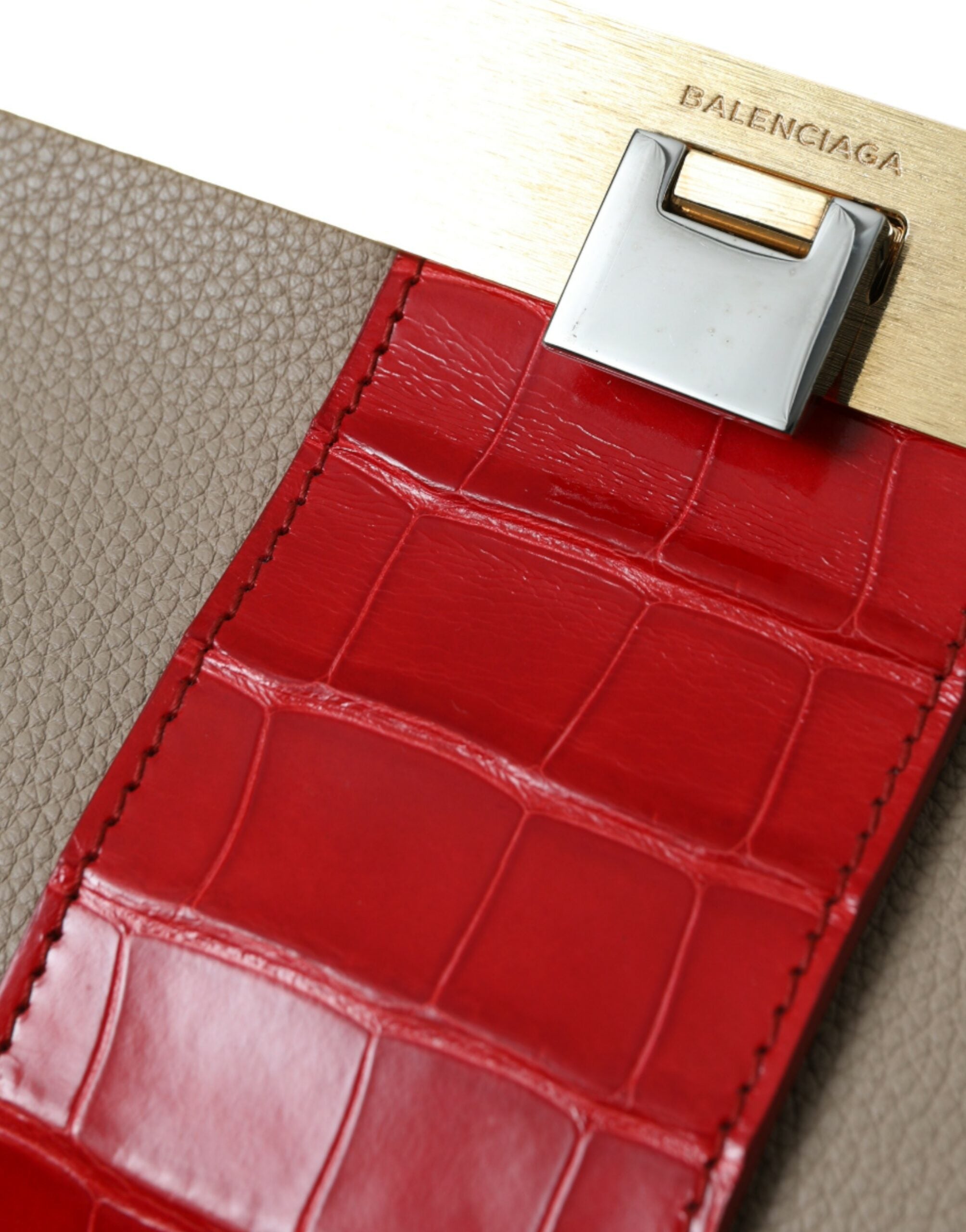 Beige Red Two Tone Exotic Leather Pouch Bag - ventzia