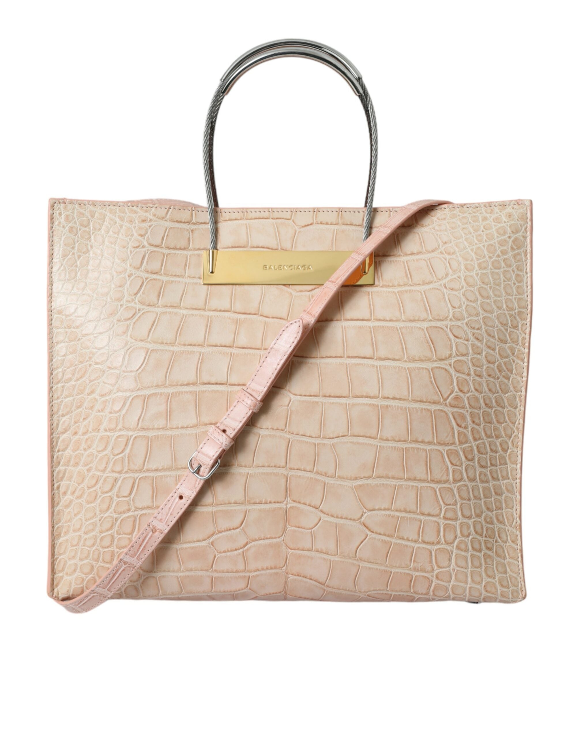 Pink Exotic Leather Embossed Cable Handle Shopper Tote Bag - ventzia