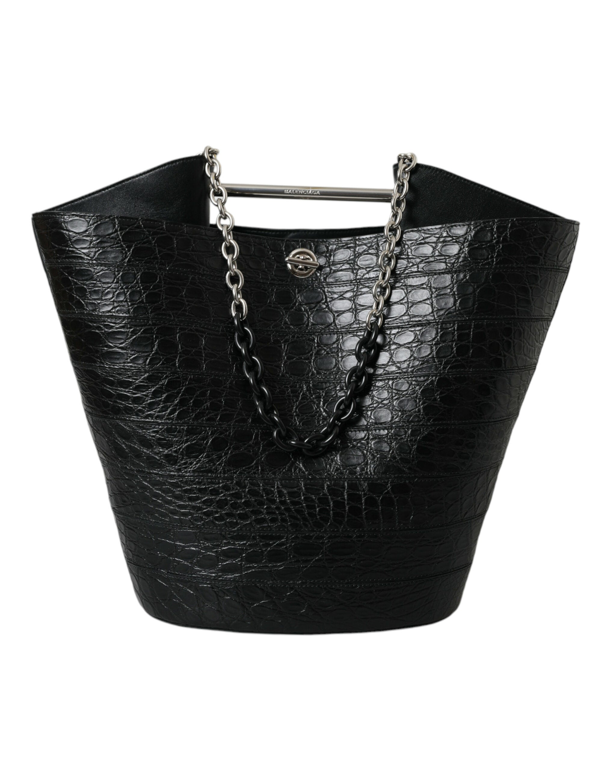 Black Exotic Skin Leather Maxi Bucket Tote Purse Bag - ventzia