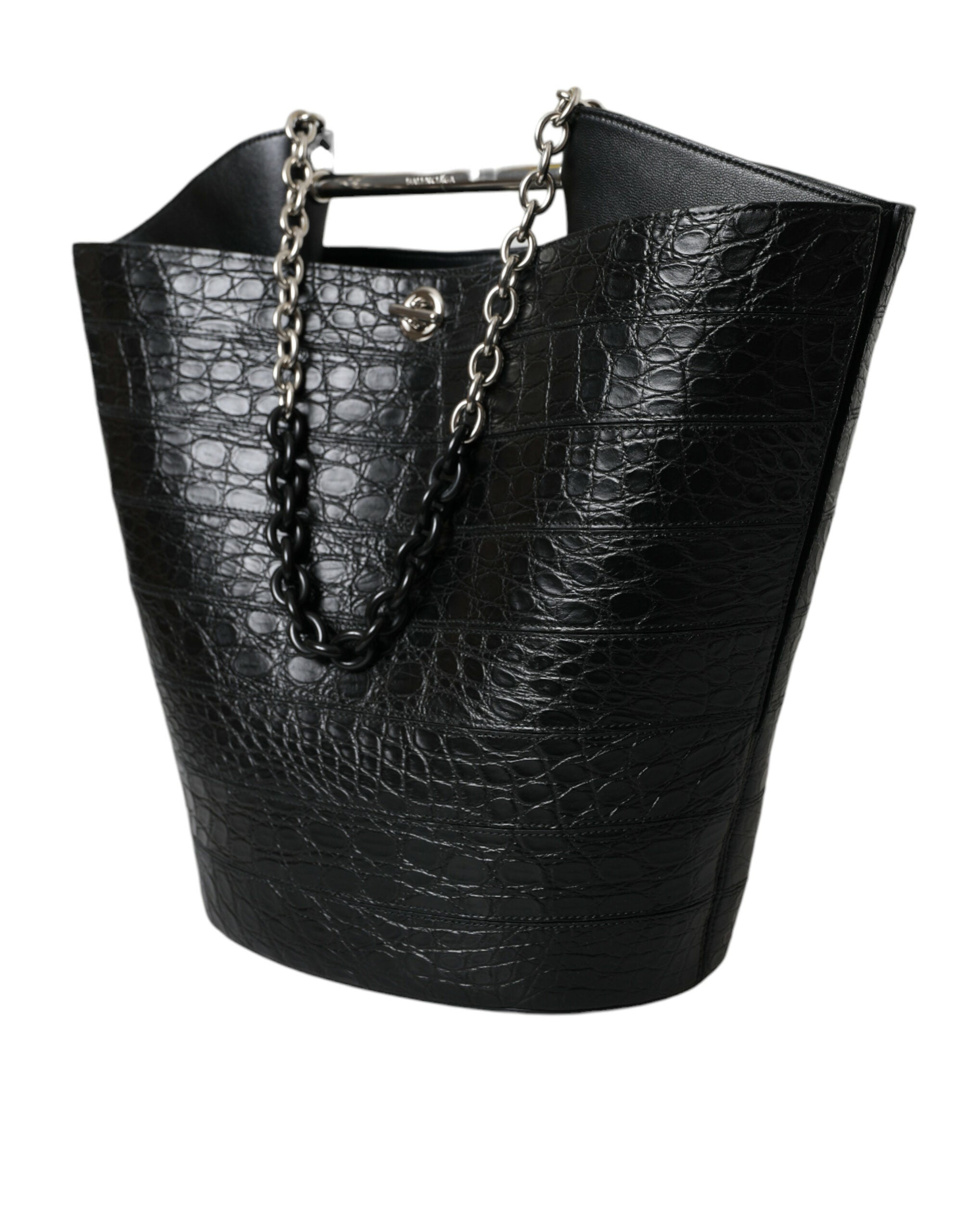 Black Exotic Skin Leather Maxi Bucket Tote Purse Bag - ventzia