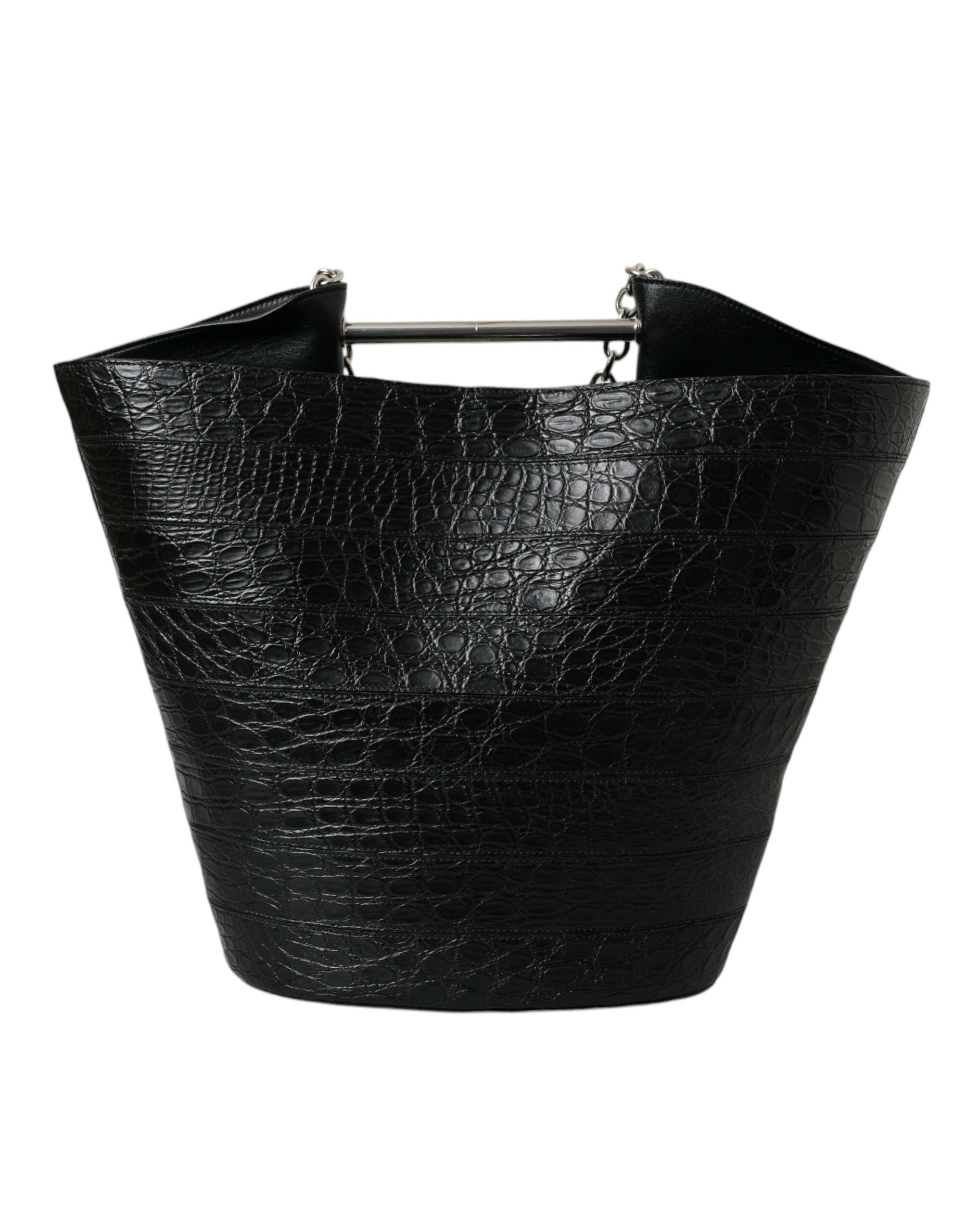 Black Exotic Skin Leather Maxi Bucket Tote Purse Bag - ventzia