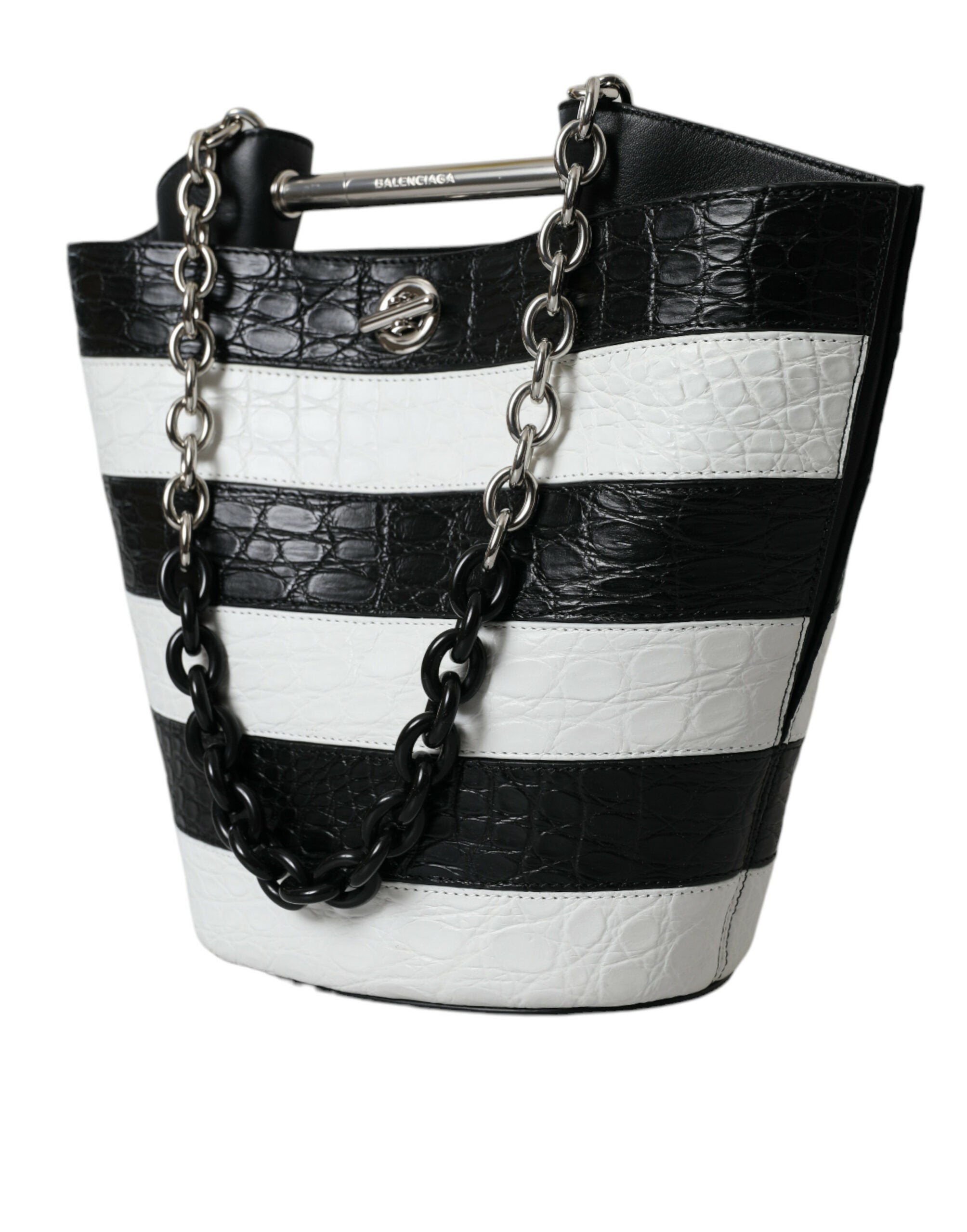 Black White Striped Exotic Skin Leather Maxi Bucket Tote Bag - ventzia