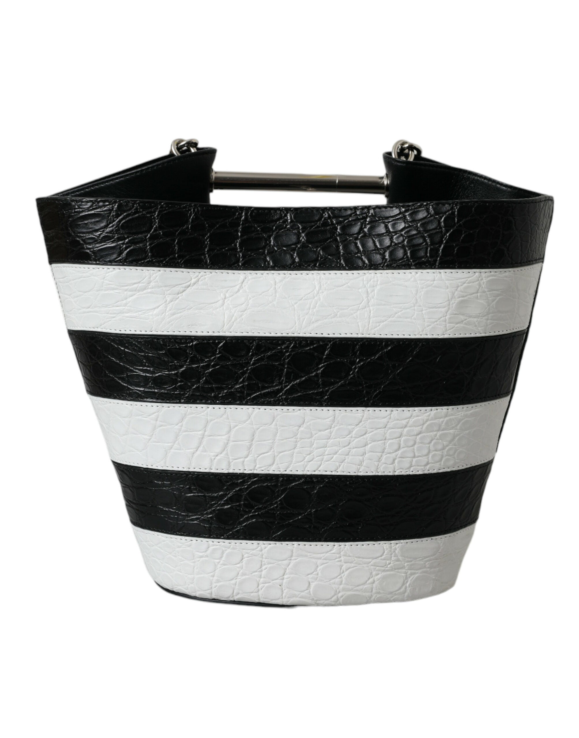 Black White Striped Exotic Skin Leather Maxi Bucket Tote Bag - ventzia