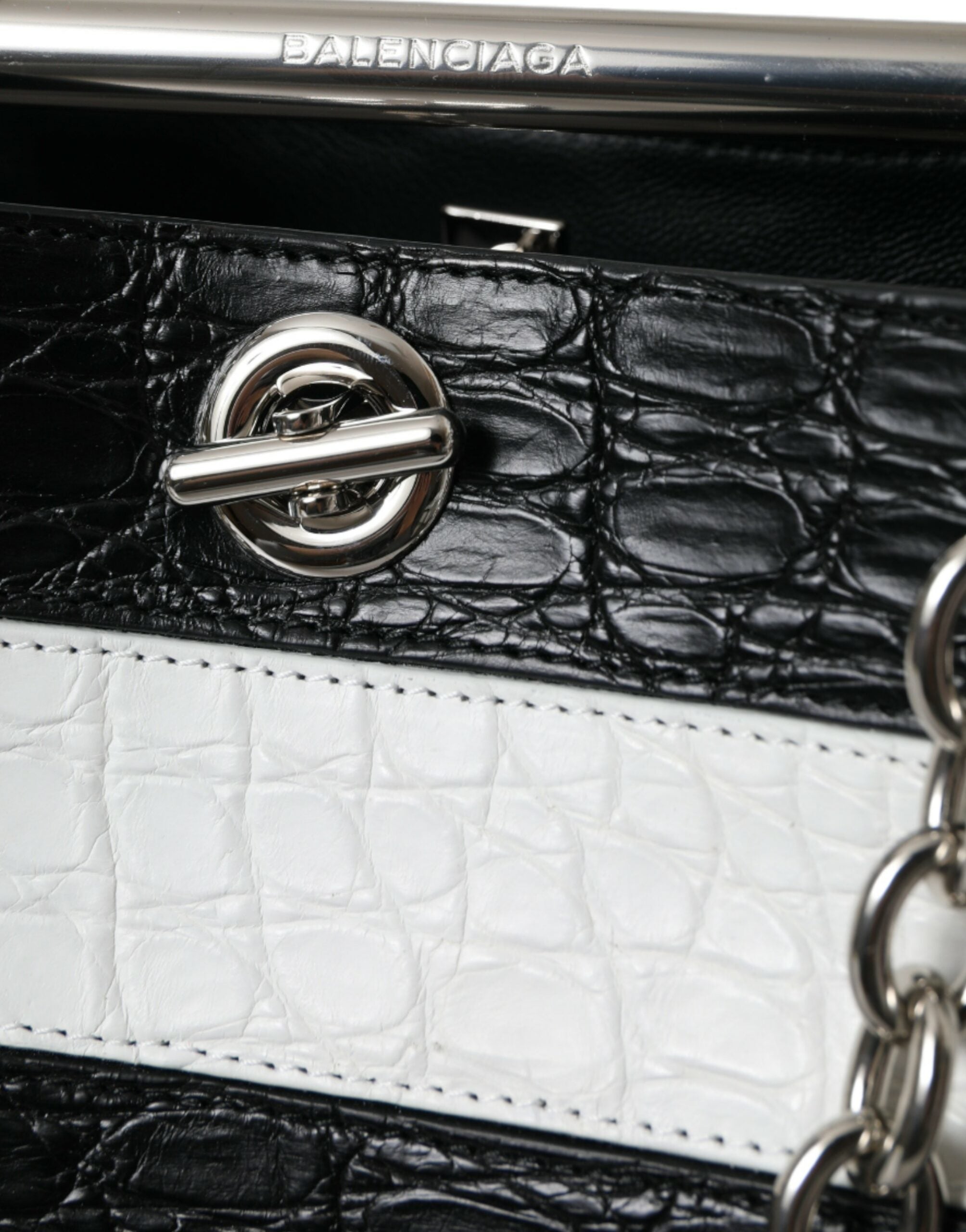 Black White Striped Exotic Skin Leather Maxi Bucket Tote Bag - ventzia