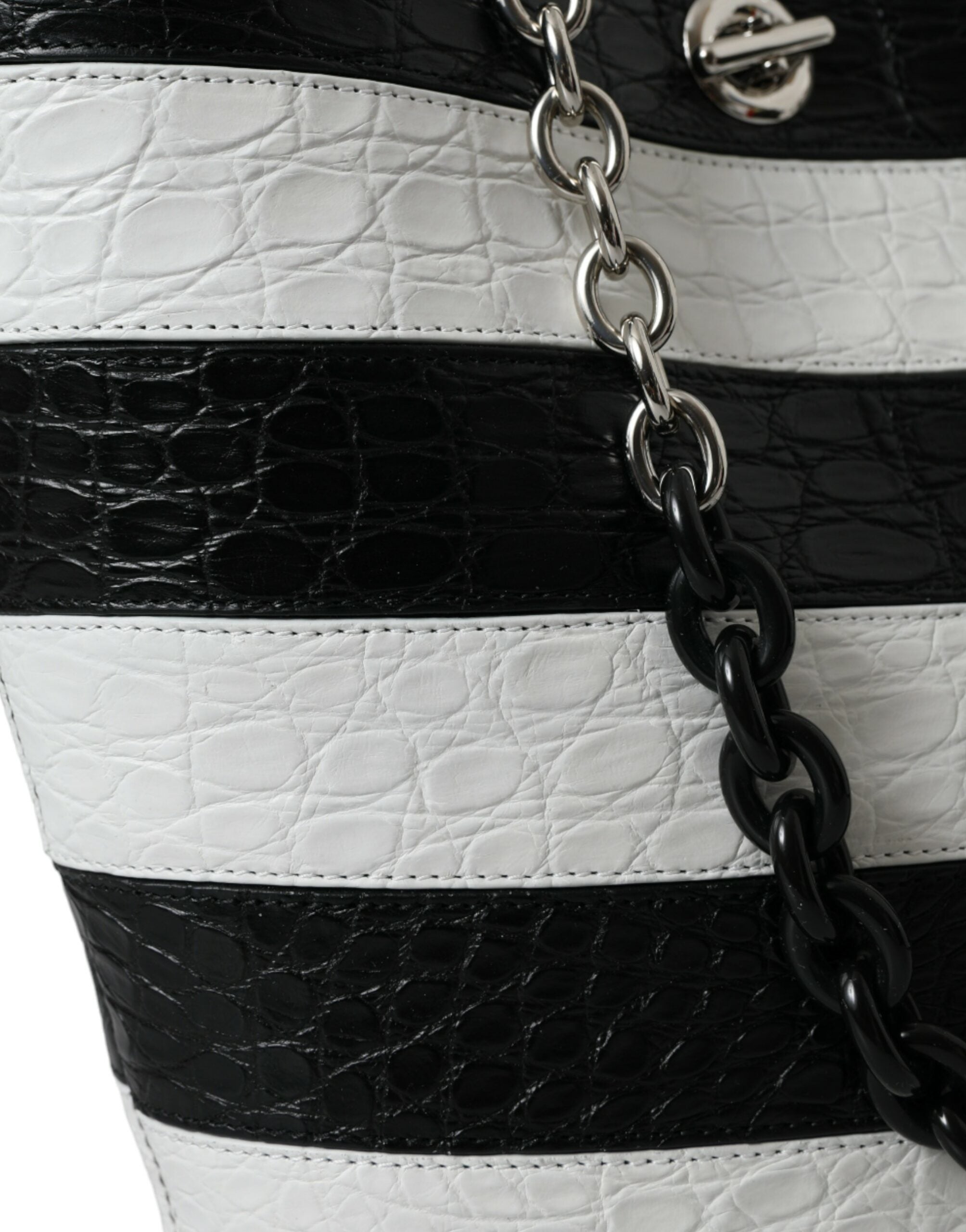 Black White Striped Exotic Skin Leather Maxi Bucket Tote Bag - ventzia