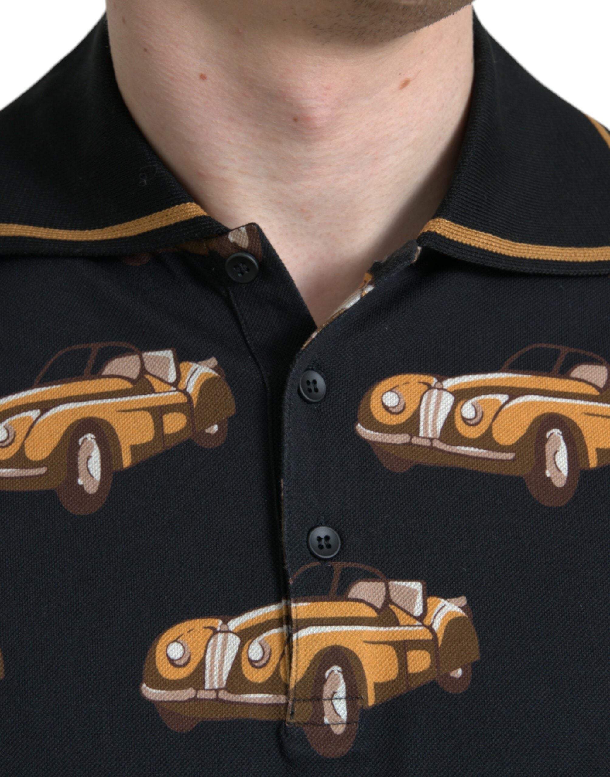 Black Car Print Short Sleeve Polo T-shirt - ventzia