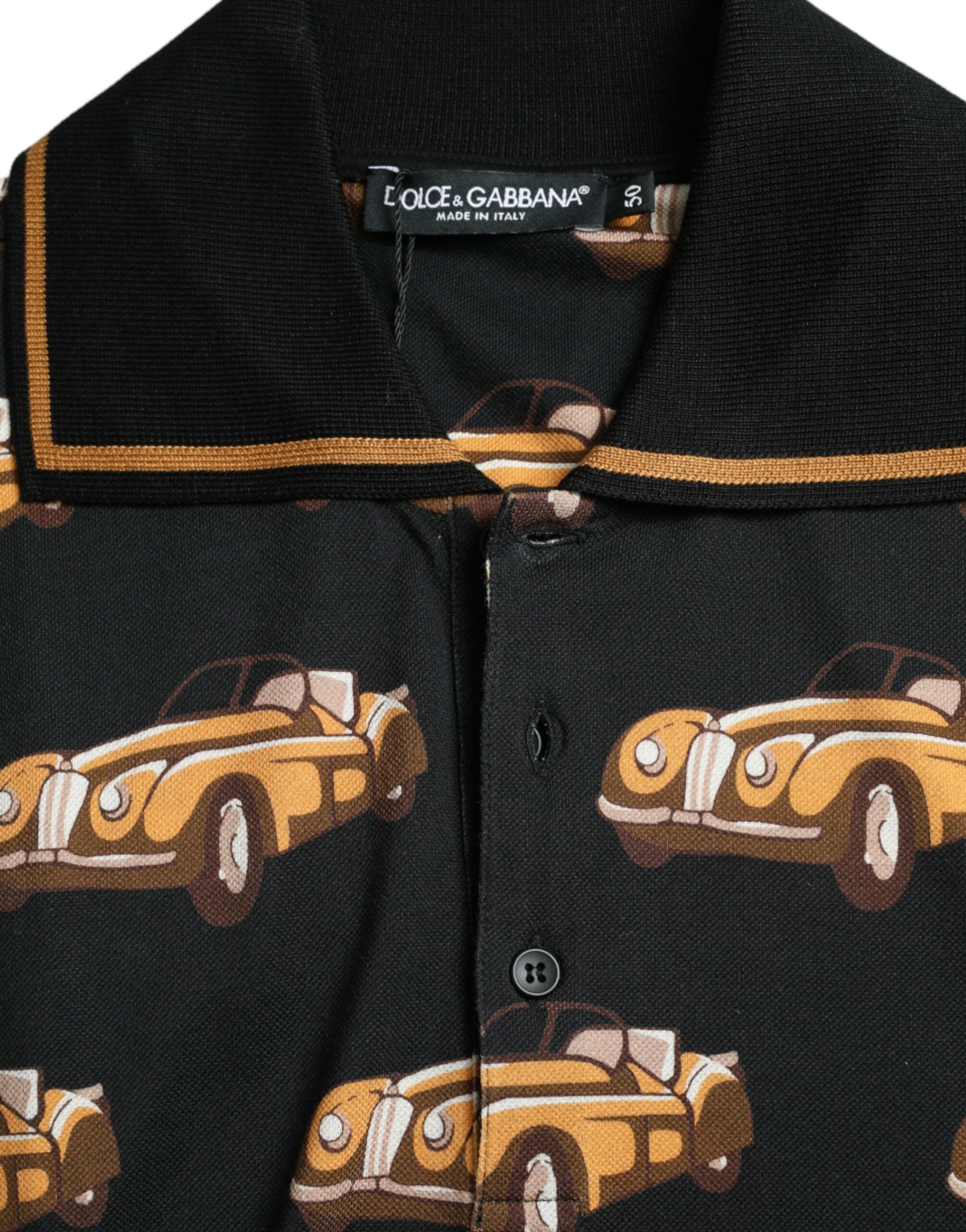 Black Car Print Short Sleeve Polo T-shirt - ventzia