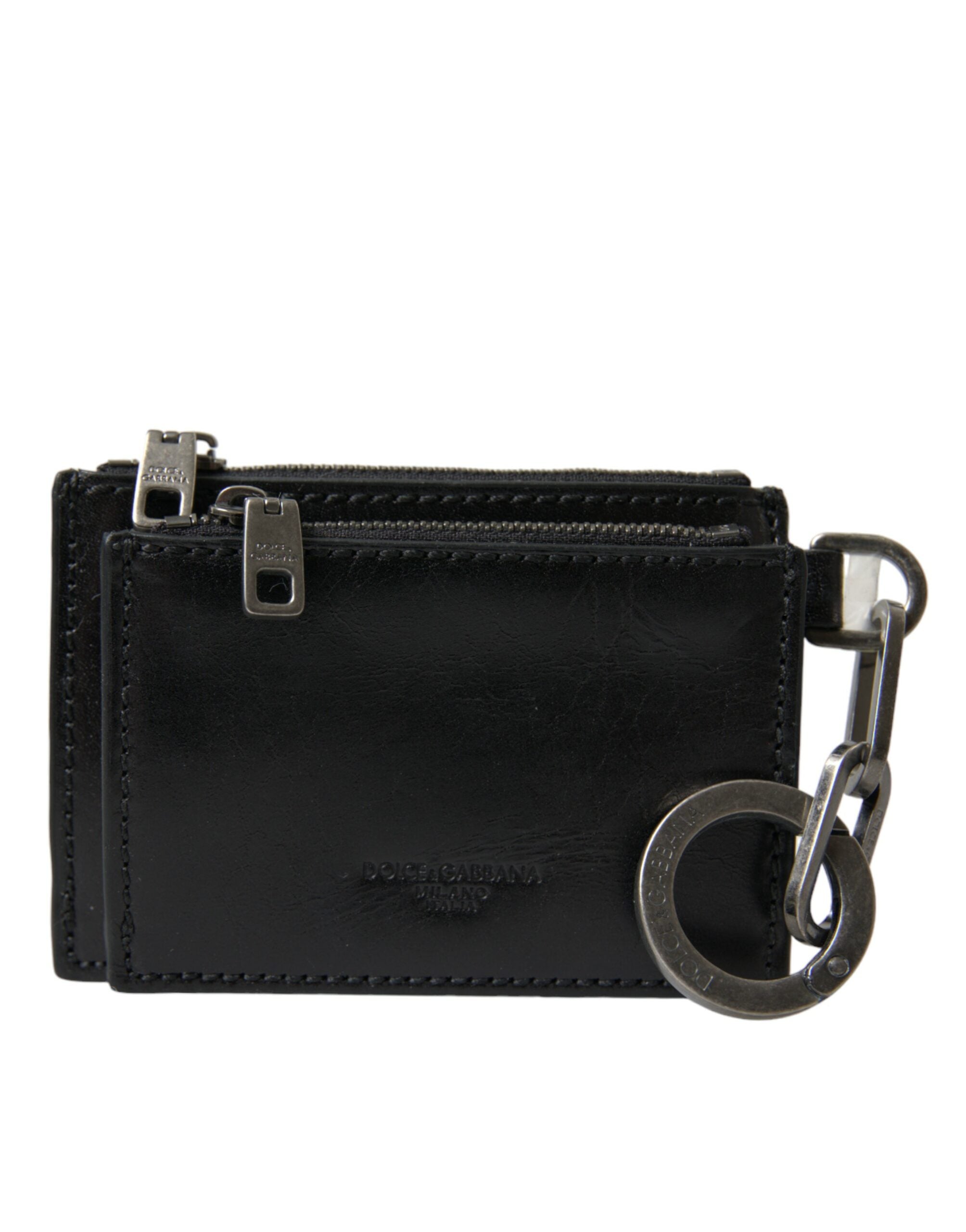 Black Leather Zip Logo Keyring Coin Purse Keyring Wallet - ventzia