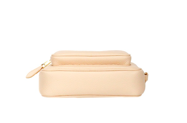 Small Branded Peach Pink Grainy Leather Camera Crossbody Bag - ventzia