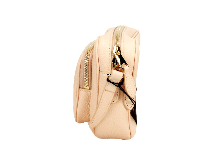 Small Branded Peach Pink Grainy Leather Camera Crossbody Bag - ventzia