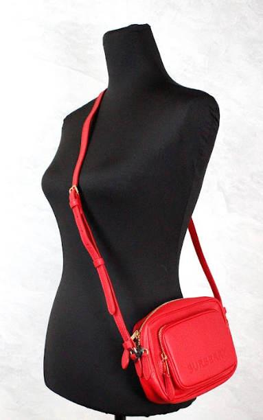 Small Branded Bright Red Grainy Leather Camera Crossbody Bag - ventzia