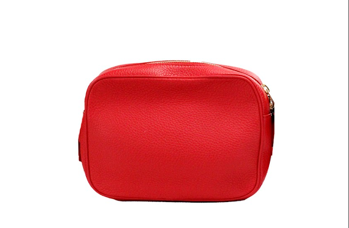 Small Branded Bright Red Grainy Leather Camera Crossbody Bag - ventzia