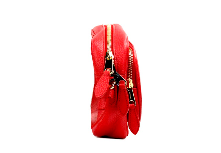 Small Branded Bright Red Grainy Leather Camera Crossbody Bag - ventzia