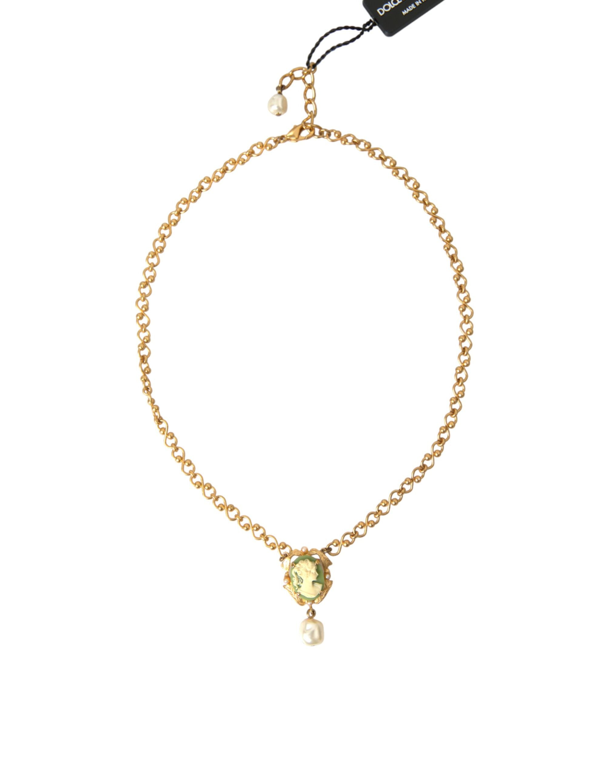 Gold Brass Chain Pearl Pendant Charm Necklace - ventzia