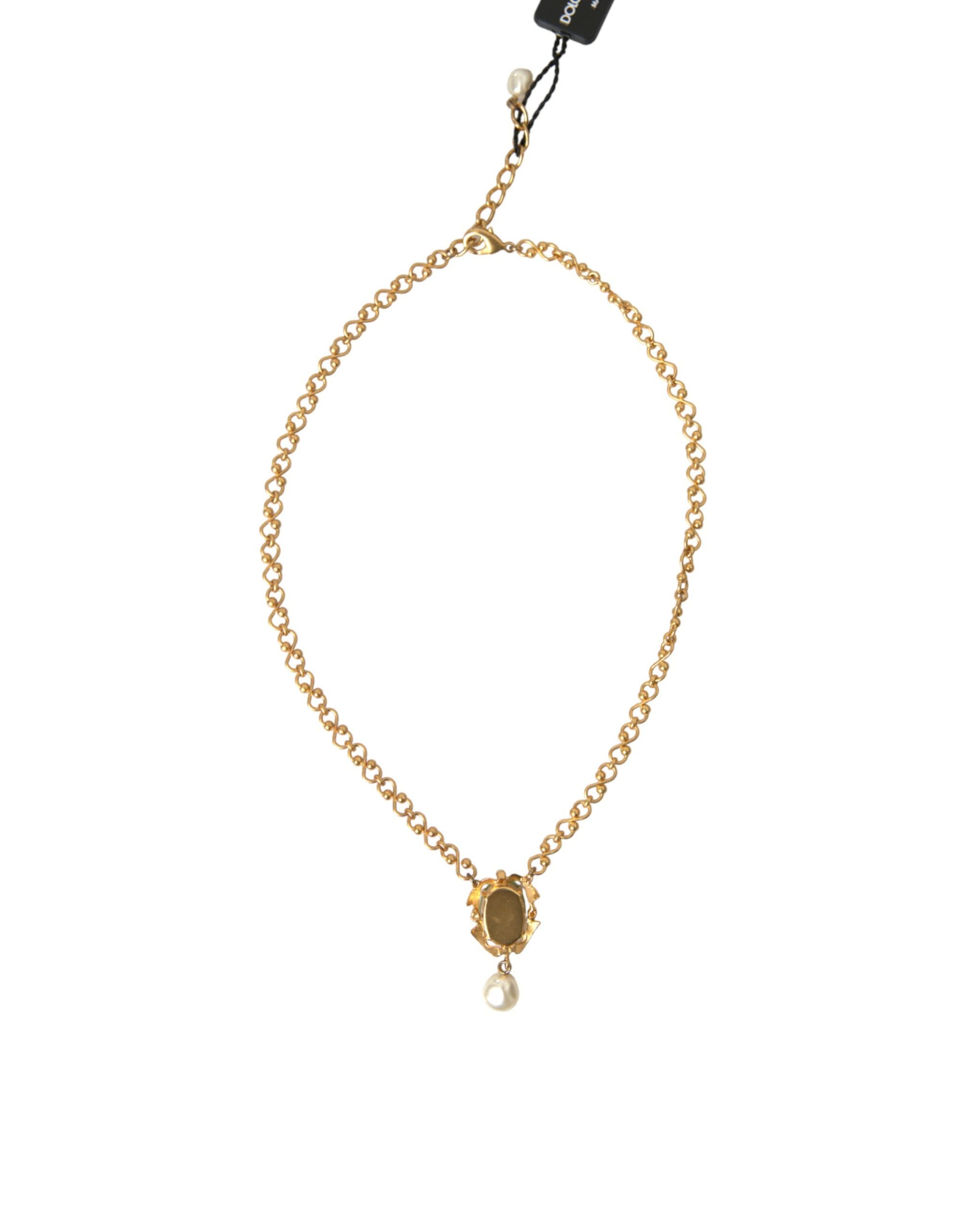 Gold Brass Chain Pearl Pendant Charm Necklace - ventzia