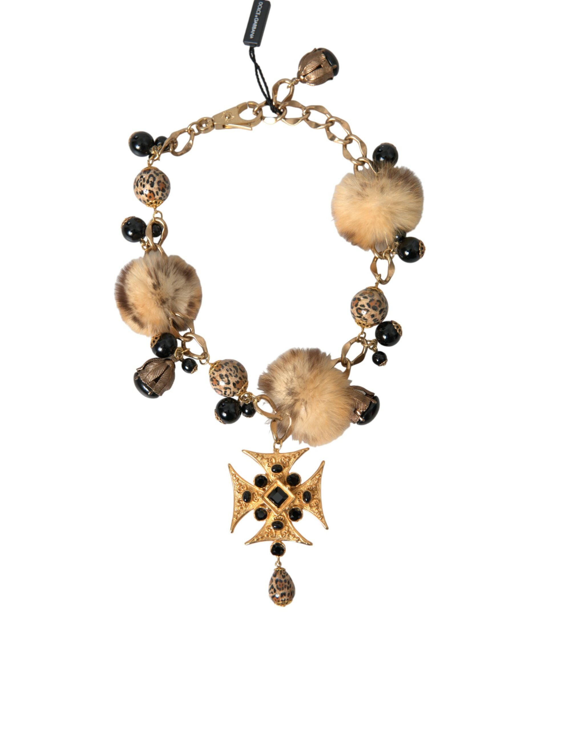 Gold Black Crystals Lapin Fur Filigree Chocker Necklace - ventzia