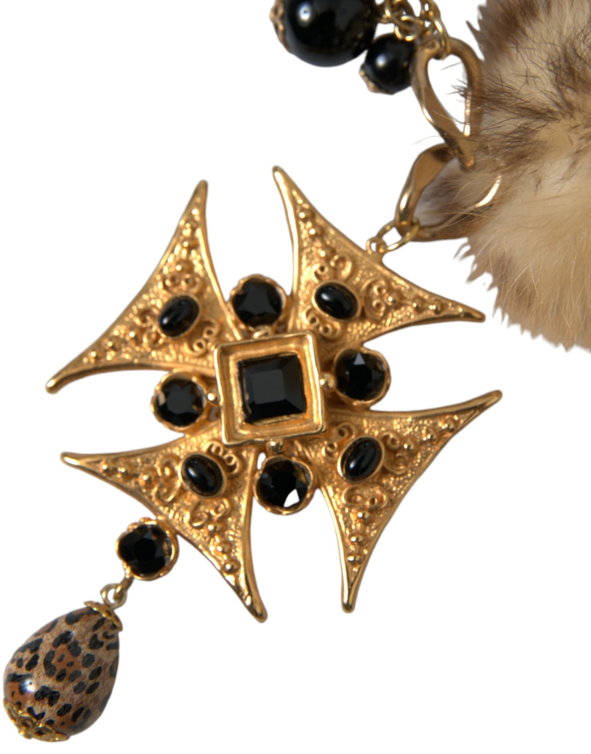 Gold Black Crystals Lapin Fur Filigree Chocker Necklace - ventzia