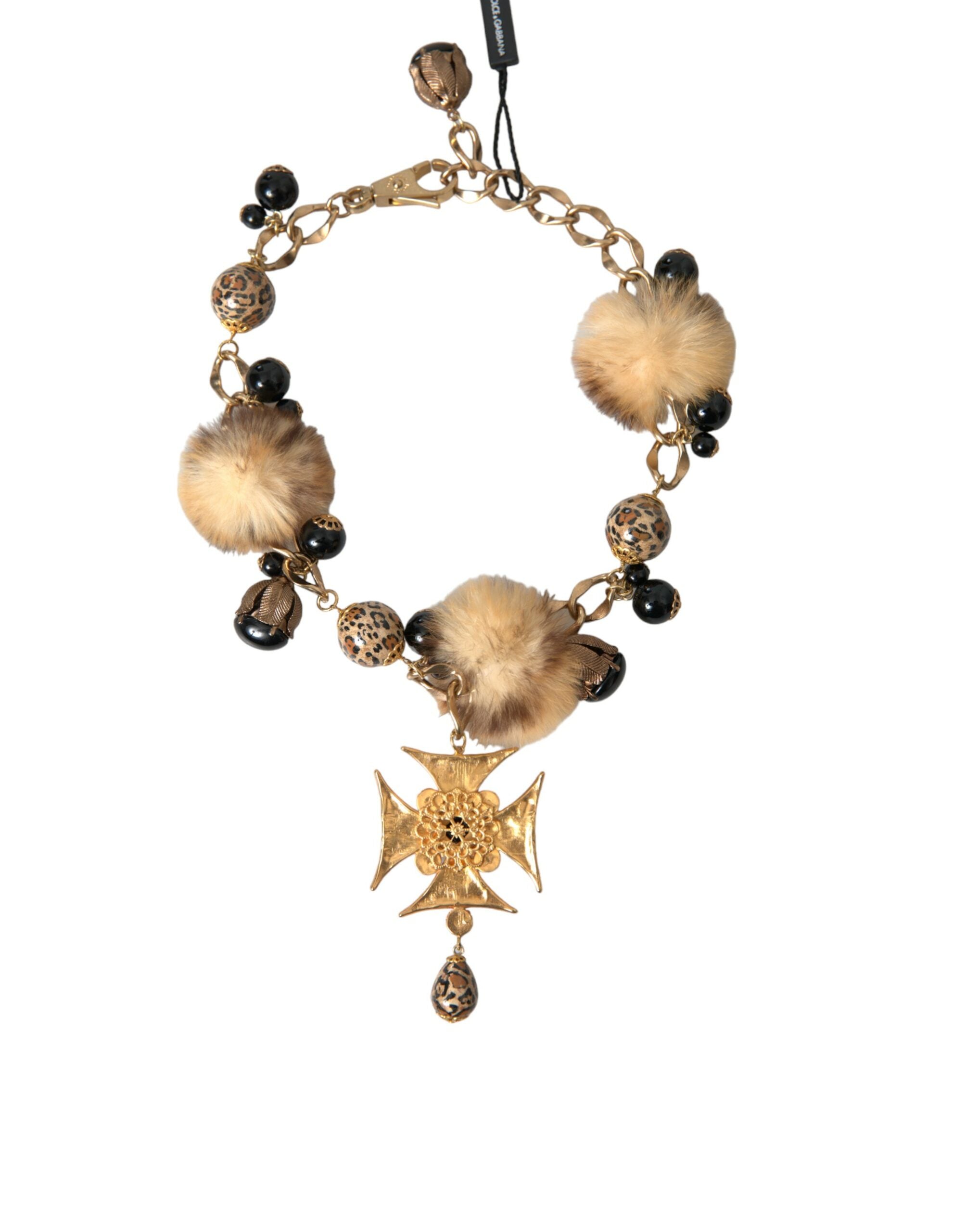 Gold Black Crystals Lapin Fur Filigree Chocker Necklace - ventzia