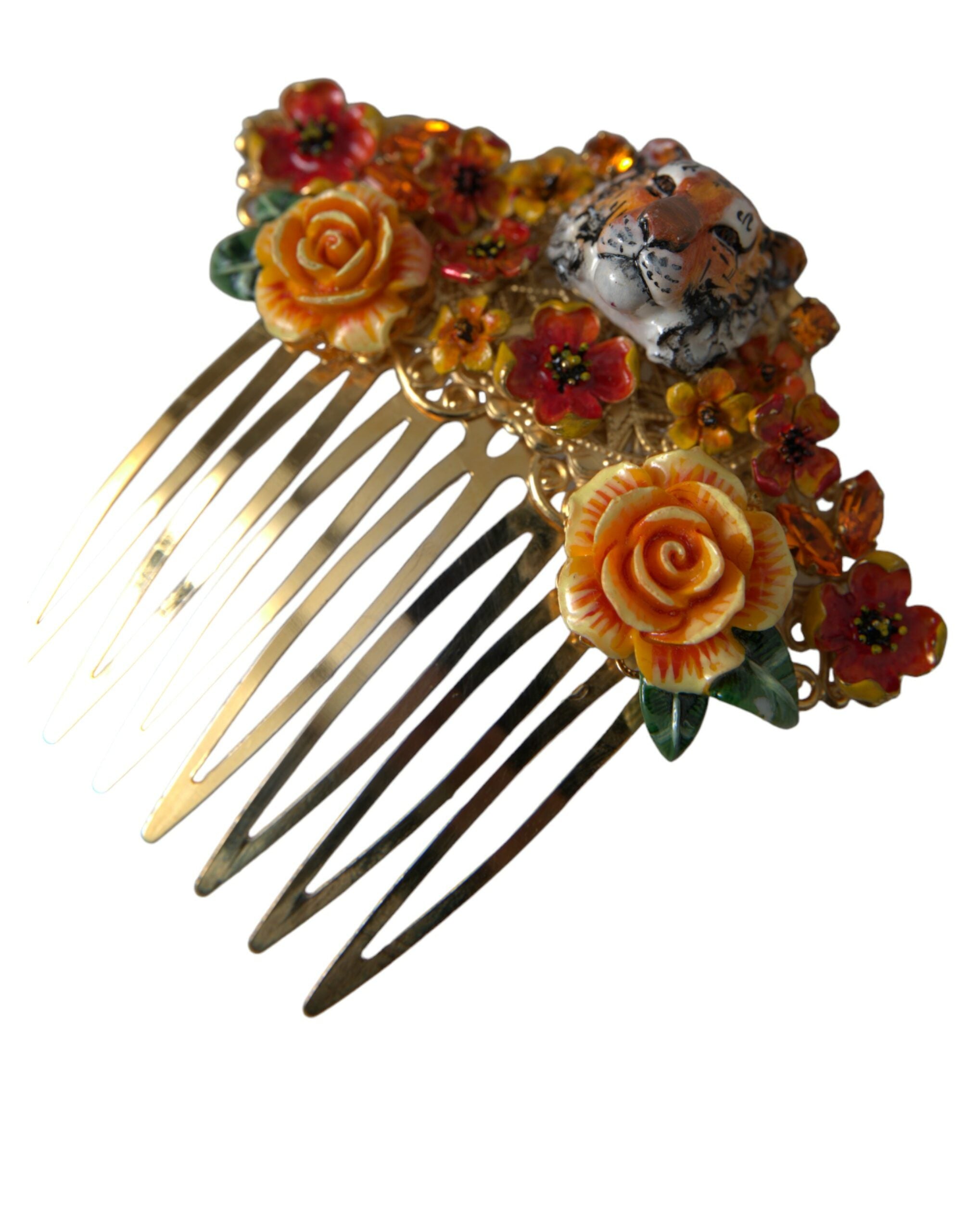 Gold Brass Crystal Leopard Floral Hair Comb - ventzia