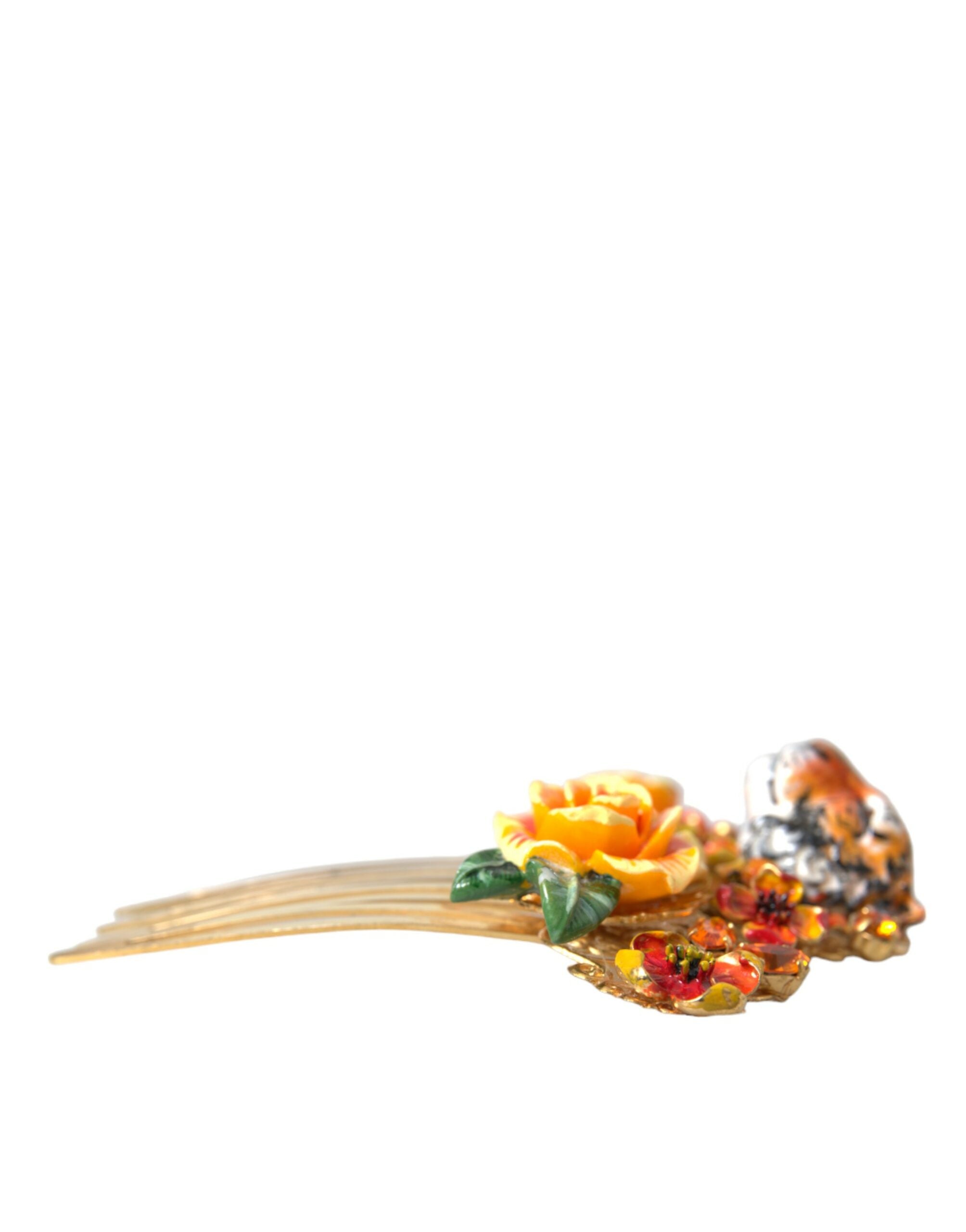 Gold Brass Crystal Leopard Floral Hair Comb - ventzia