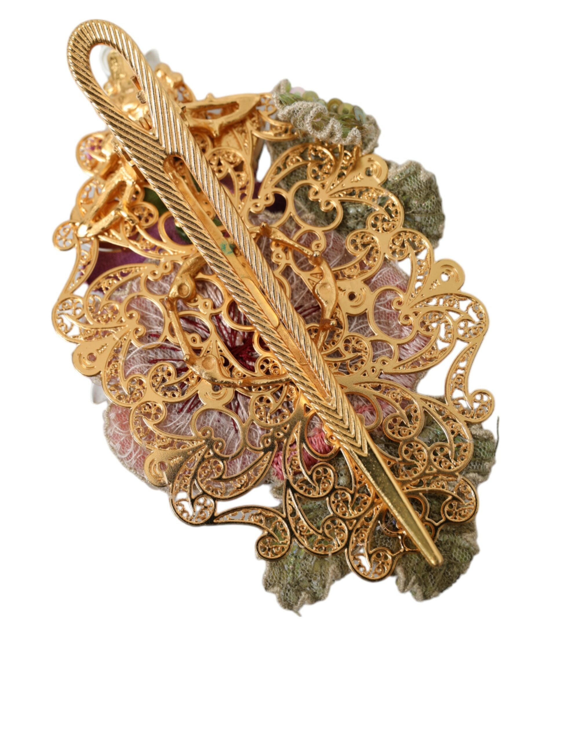 Gold Brass Floral Crystal Sequined Hair Clip - ventzia