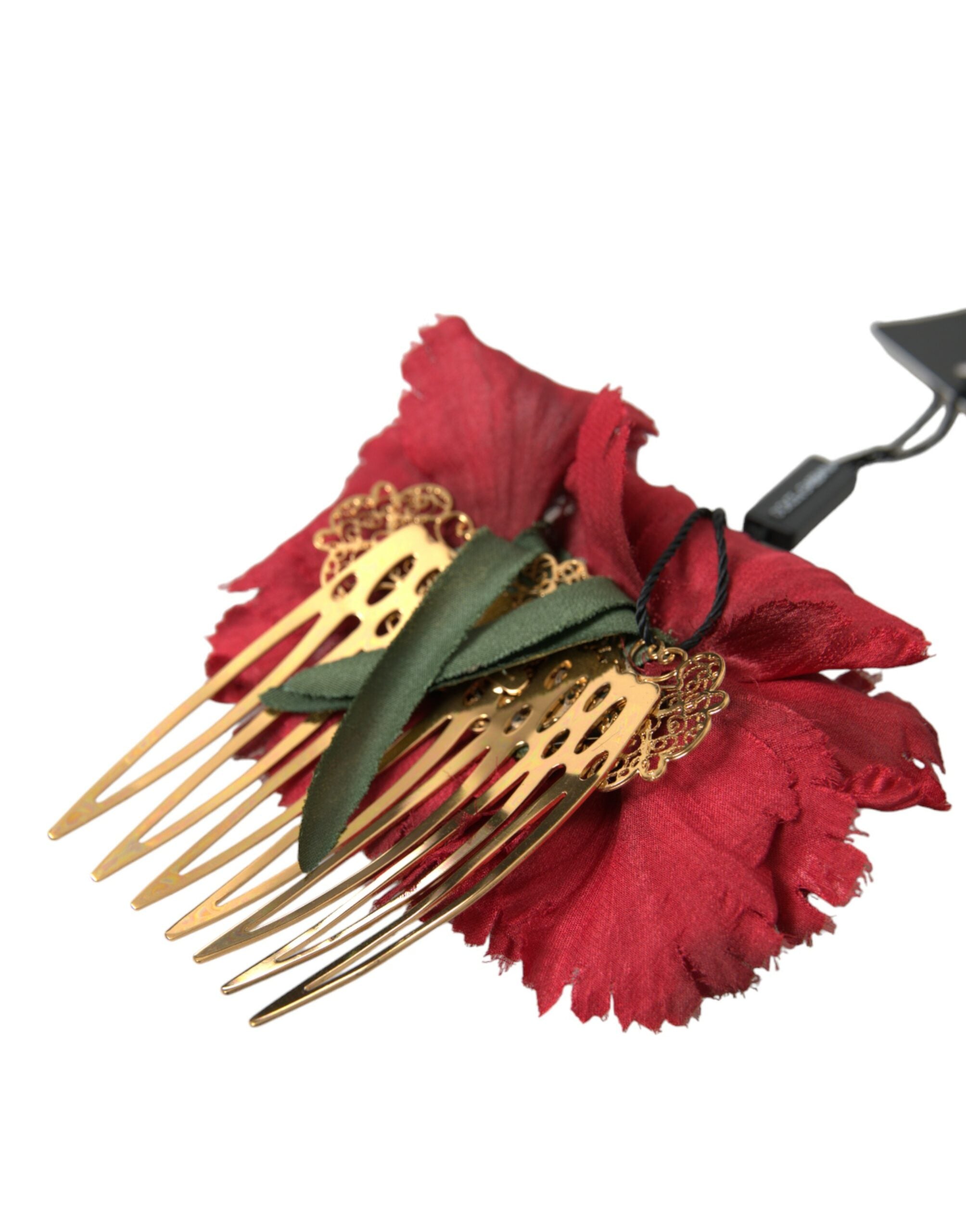 Red Silk Floral Gold Brass Women Hair Comb - ventzia